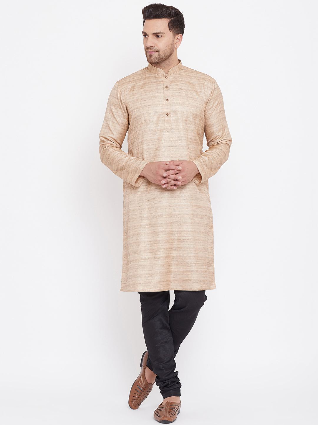 Men's Beige And Black Silk Blend Kurta Pyjama Set