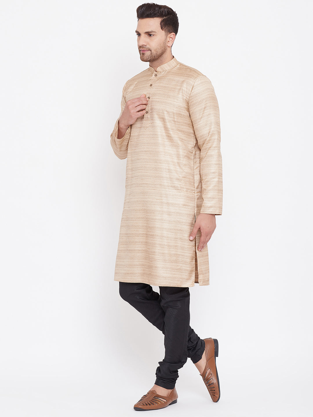 Men's Beige And Black Silk Blend Kurta Pyjama Set