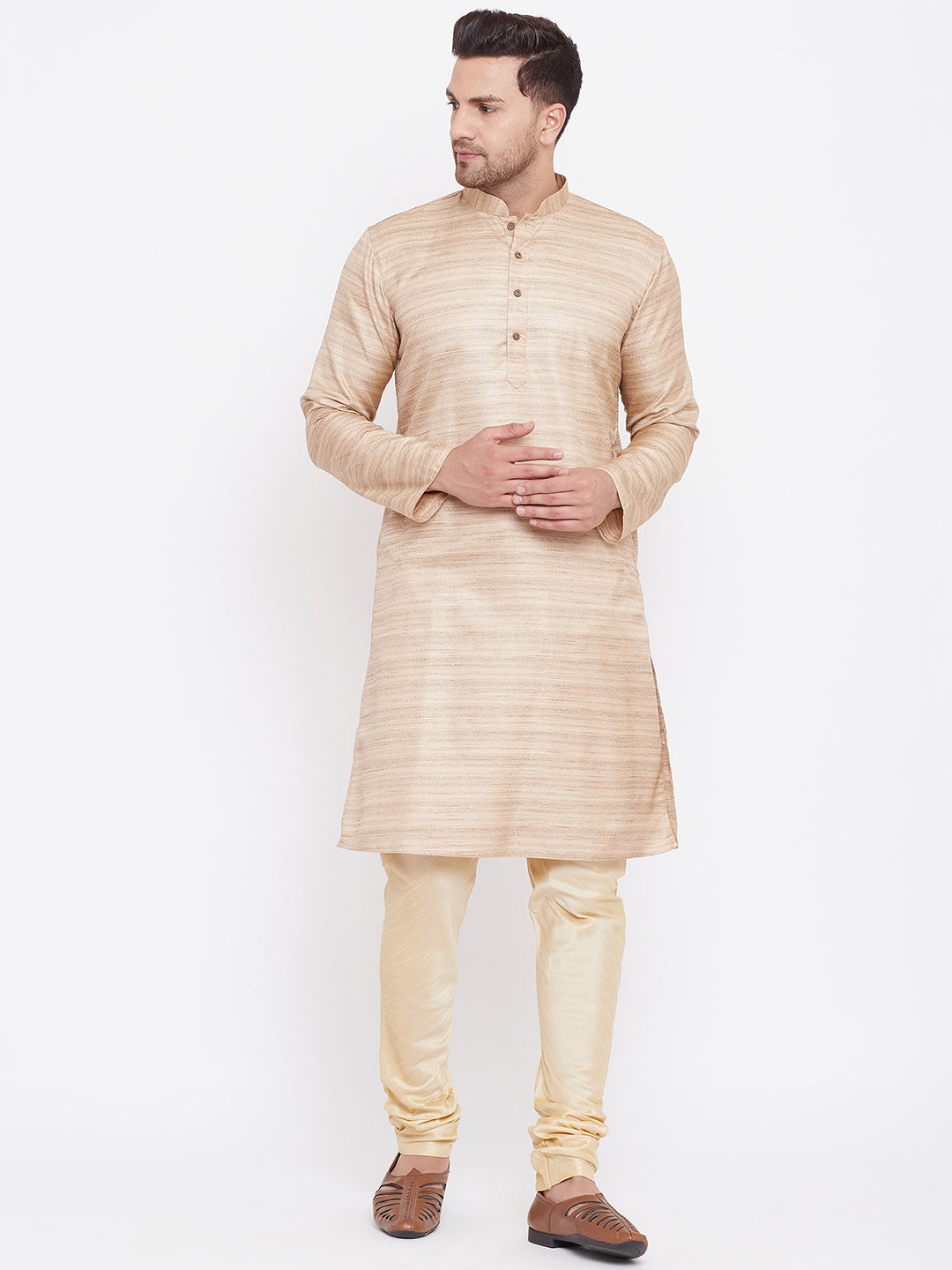 Men's Beige And Gold Silk Blend Kurta Pyjama Set