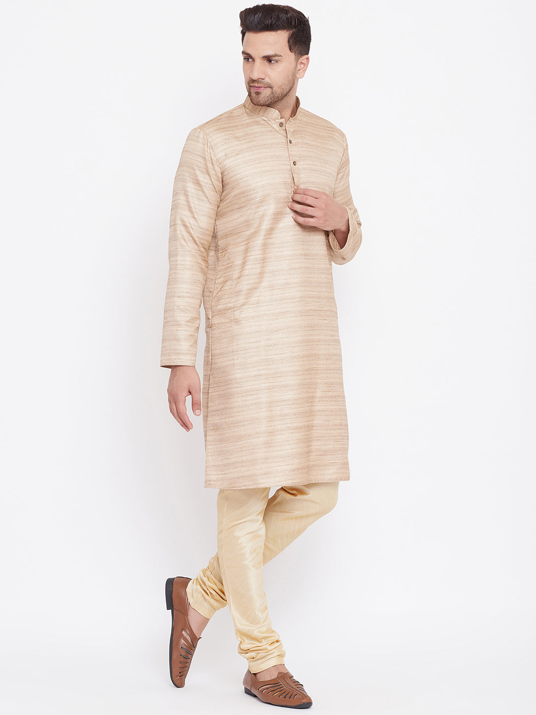 Men's Beige And Gold Silk Blend Kurta Pyjama Set