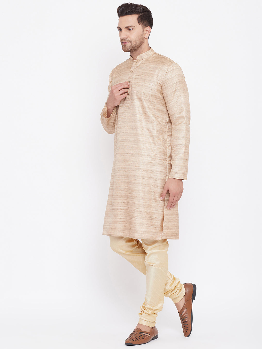 Men's Beige And Gold Silk Blend Kurta Pyjama Set