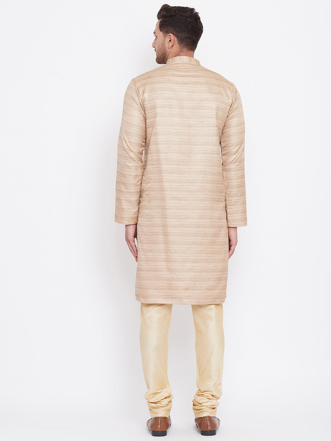 Men's Beige And Gold Silk Blend Kurta Pyjama Set