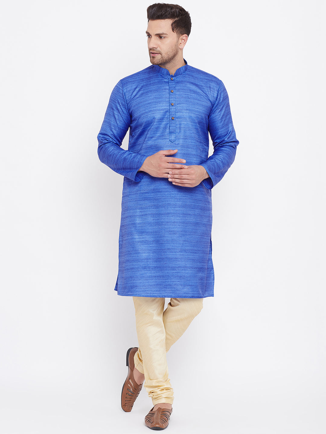 Men's Blue And Gold Silk Blend Kurta Pyjama Set