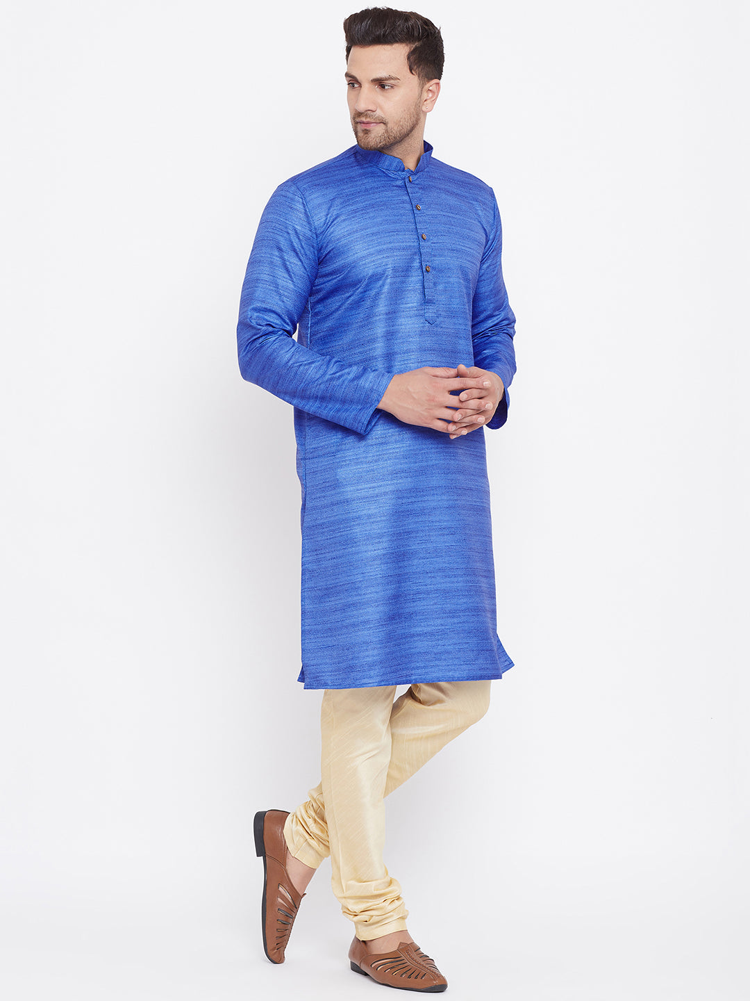 Men's Blue And Gold Silk Blend Kurta Pyjama Set