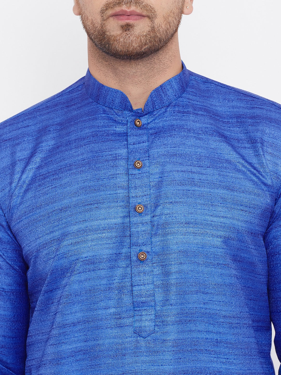 Men's Blue And Gold Silk Blend Kurta Pyjama Set