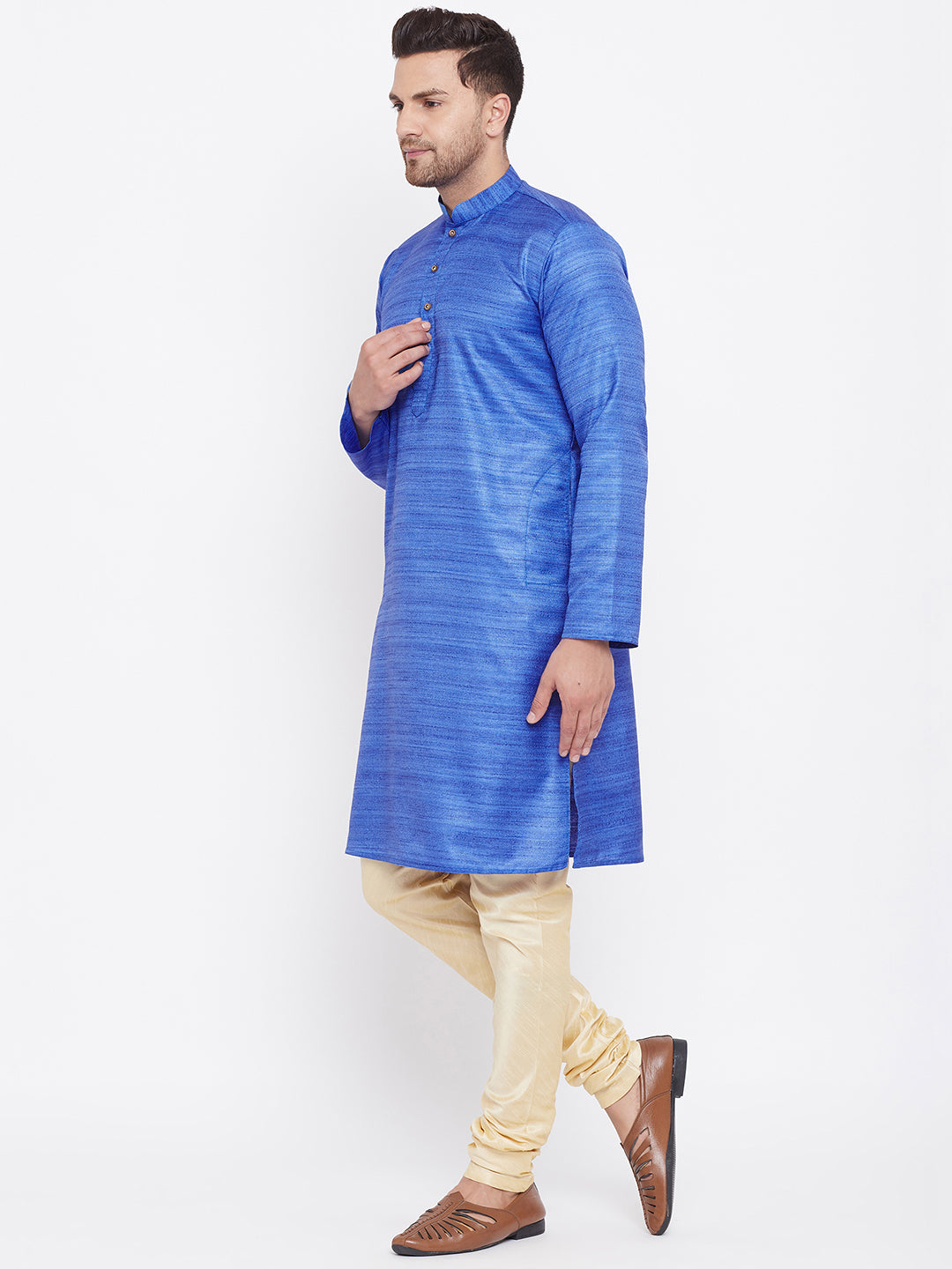 Men's Blue And Gold Silk Blend Kurta Pyjama Set