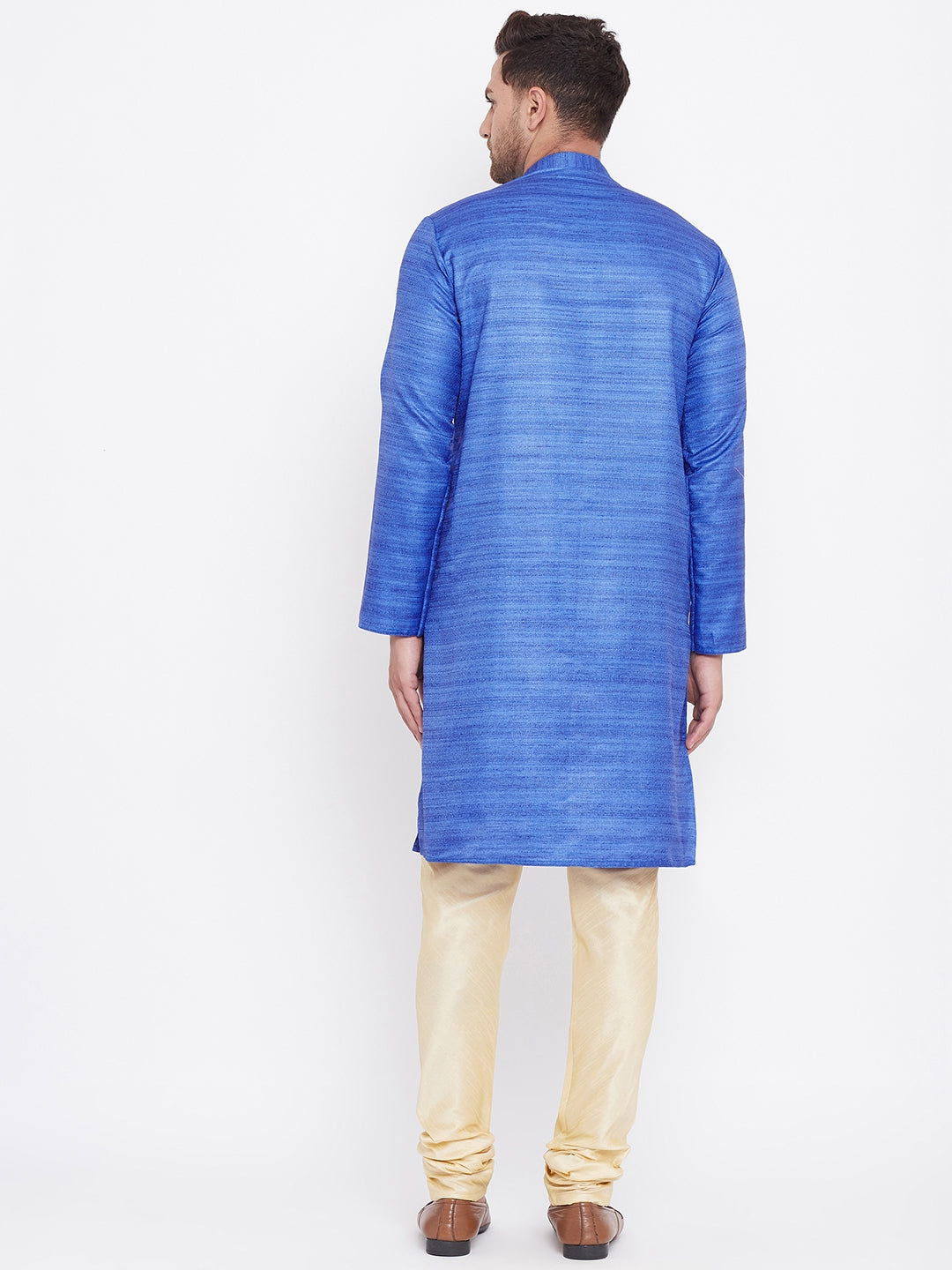 Men's Blue And Gold Silk Blend Kurta Pyjama Set