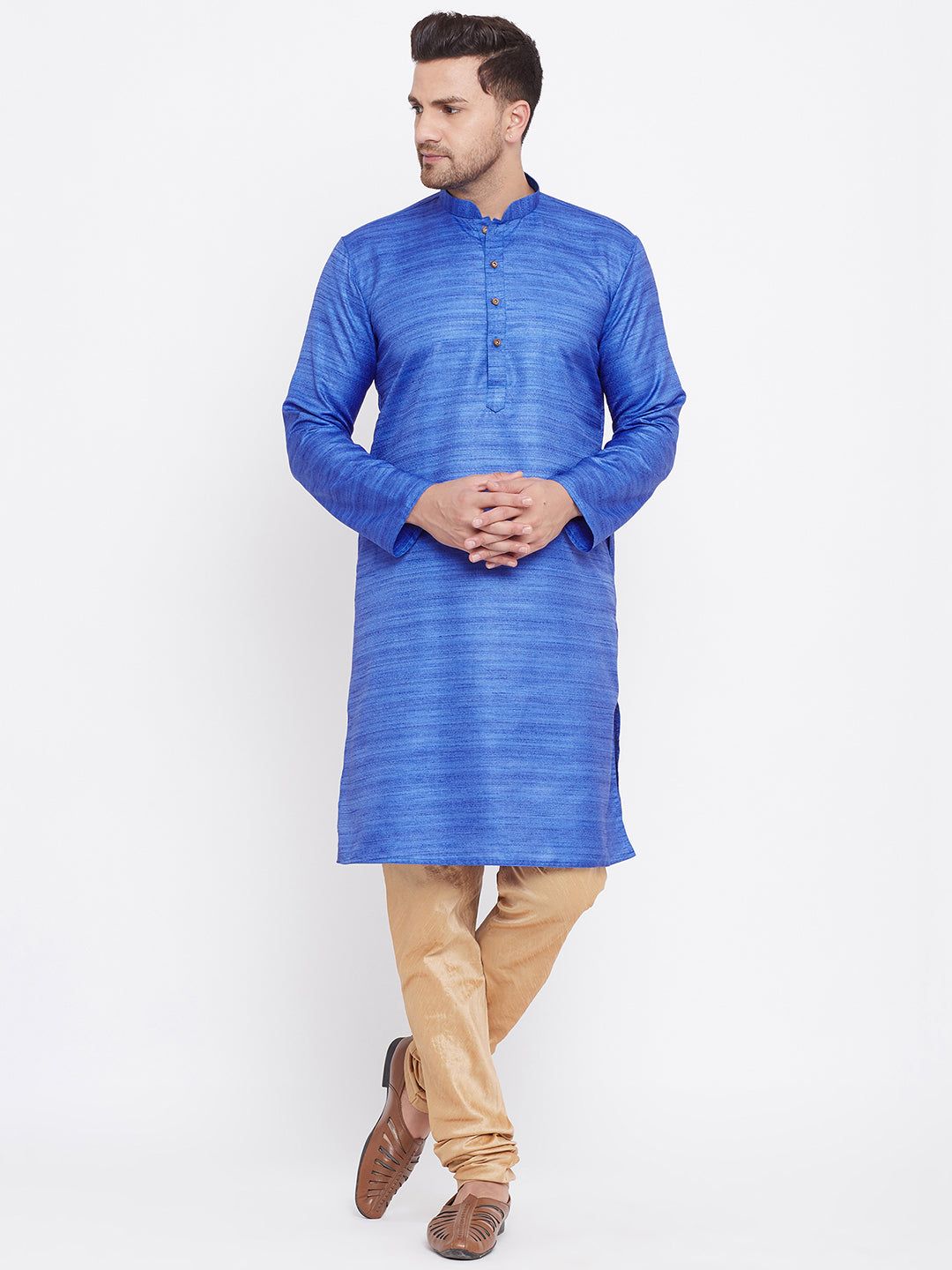 Men's Blue And Rose Gold Silk Blend Kurta Pyjama Set