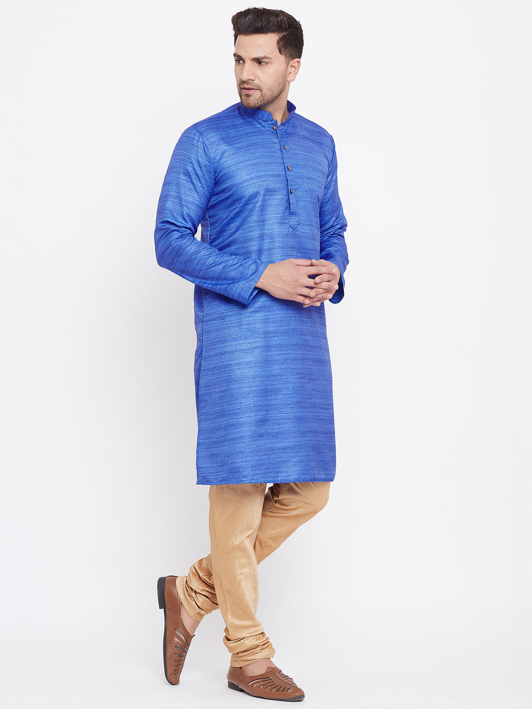 Men's Blue And Rose Gold Silk Blend Kurta Pyjama Set