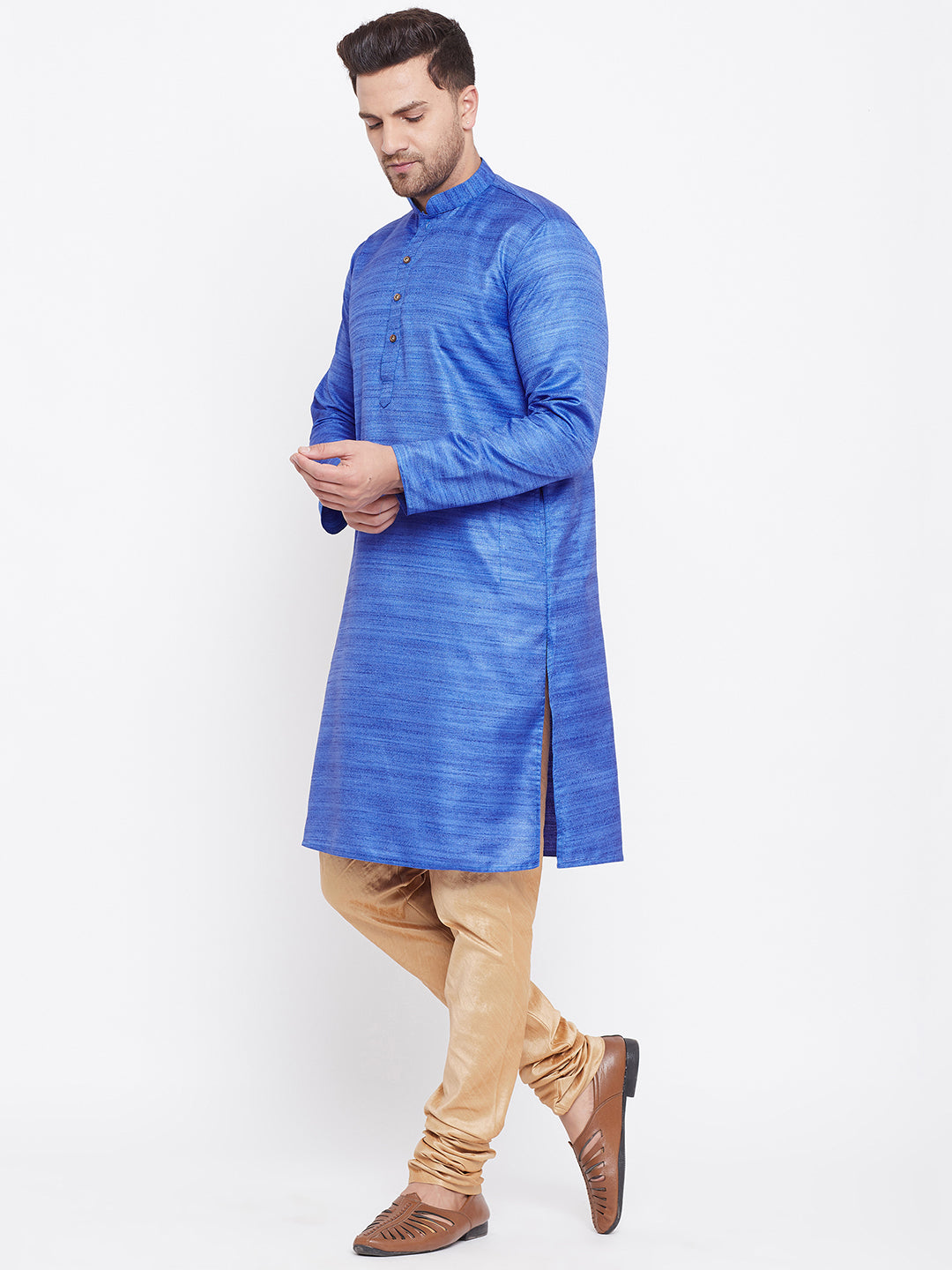 Men's Blue And Rose Gold Silk Blend Kurta Pyjama Set