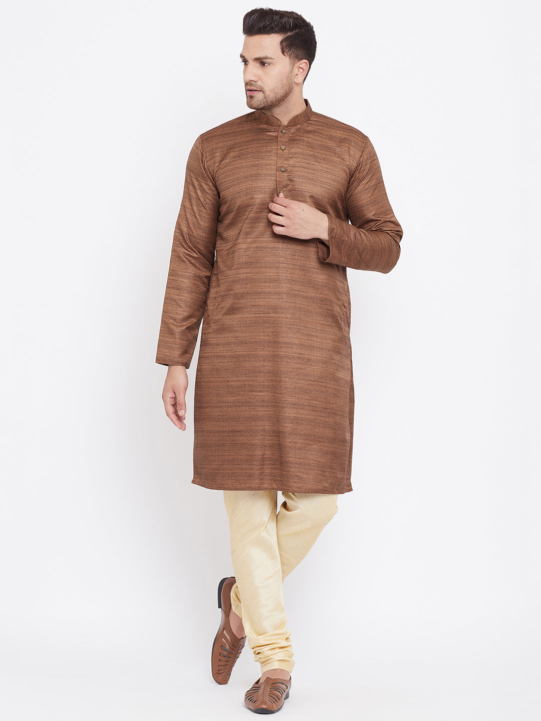 Men's Coffee Brown And Gold Silk Blend Kurta Pyjama Set