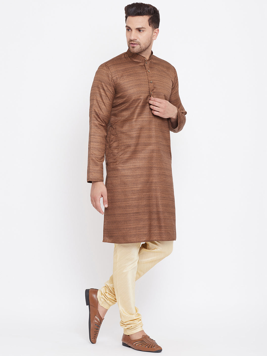 Men's Coffee Brown And Gold Silk Blend Kurta Pyjama Set