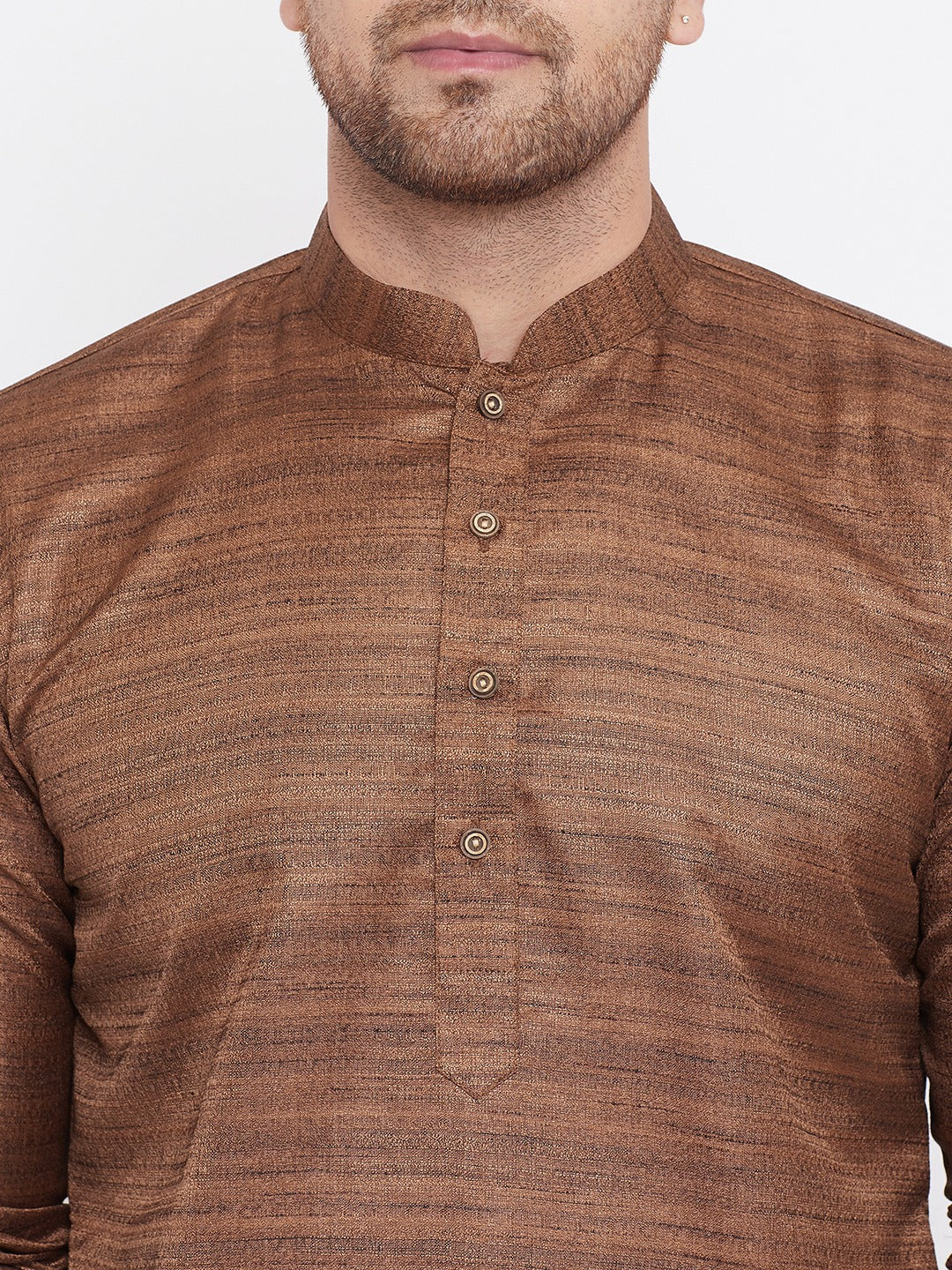 Men's Coffee Brown And Gold Silk Blend Kurta Pyjama Set