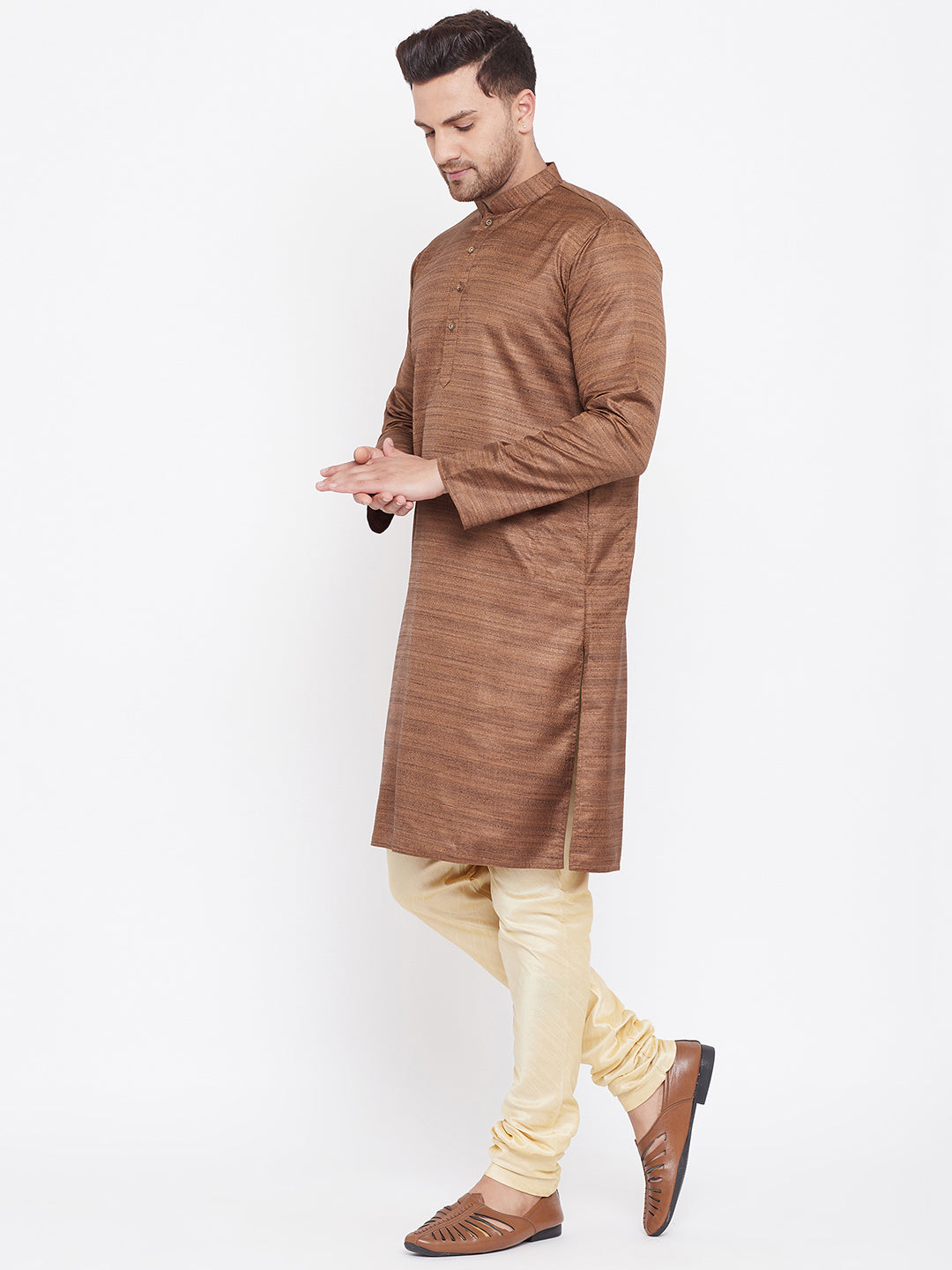 Men's Coffee Brown And Gold Silk Blend Kurta Pyjama Set