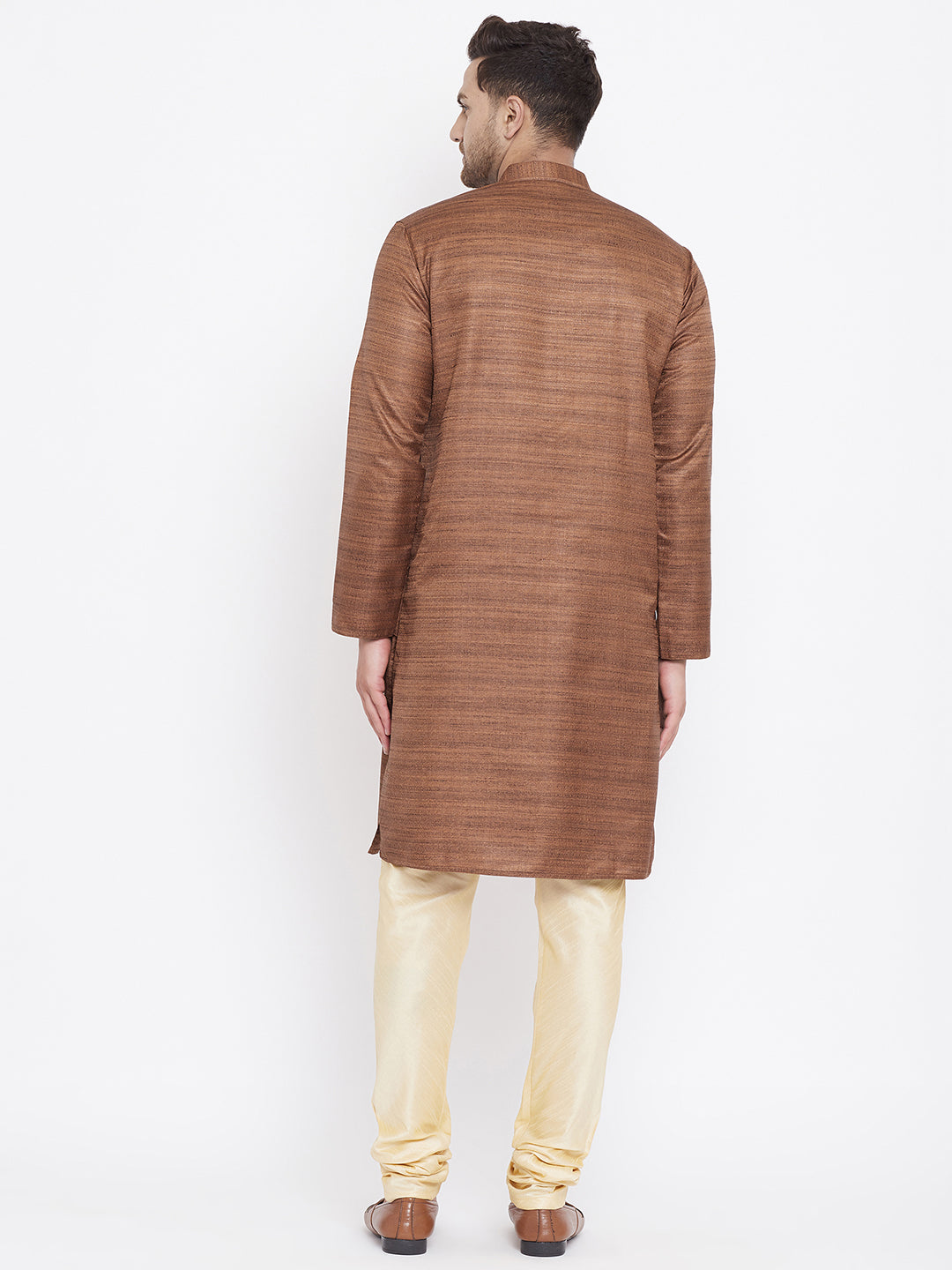 Men's Coffee Brown And Gold Silk Blend Kurta Pyjama Set