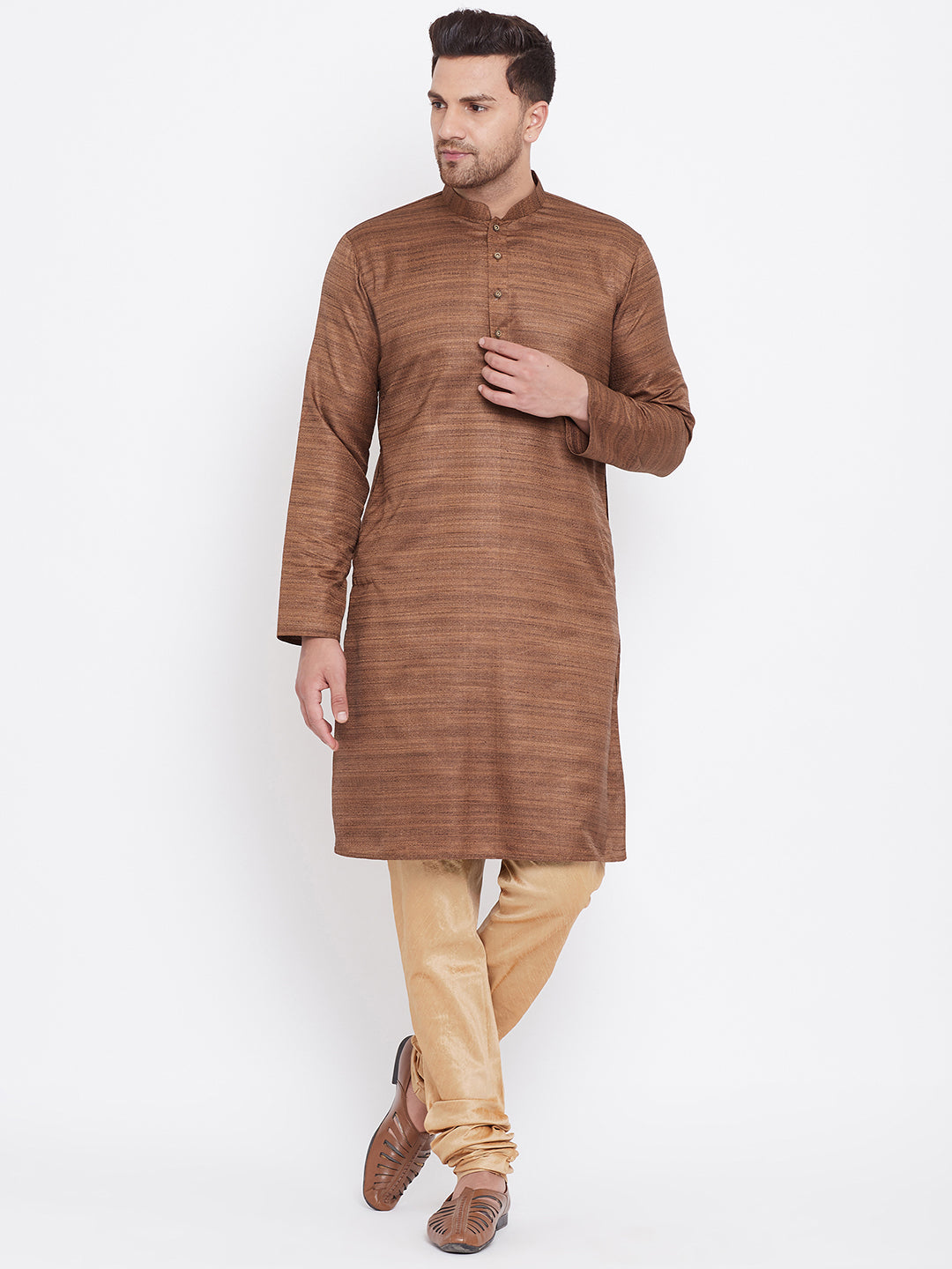 Men's Coffee Brown And Rose Gold Silk Blend Kurta Pyjama Set