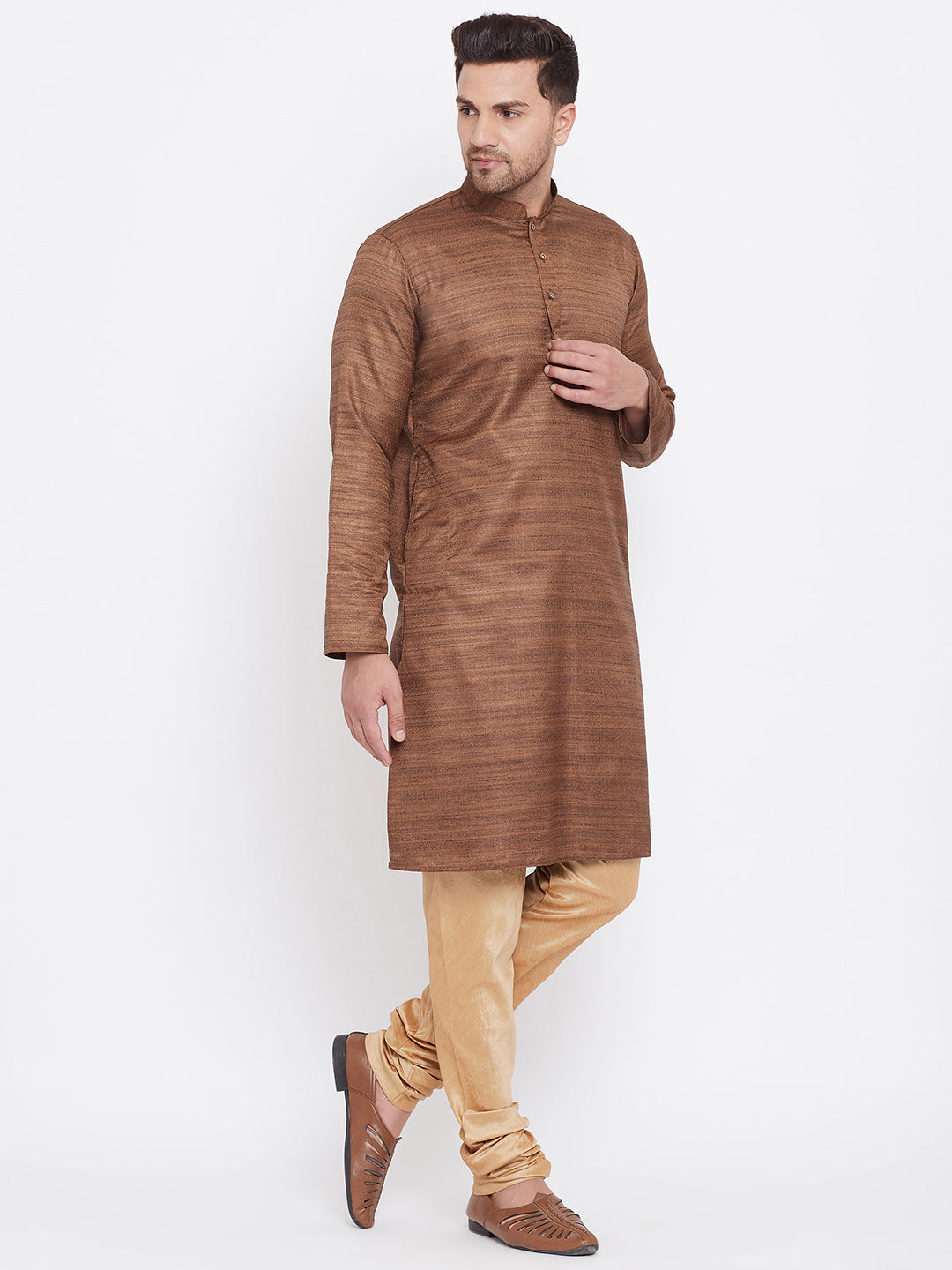 Men's Coffee Brown And Rose Gold Silk Blend Kurta Pyjama Set