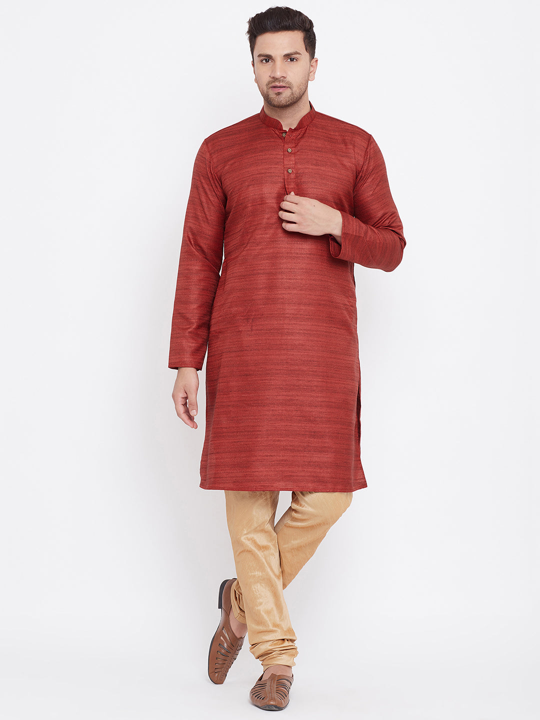 Men's Maroon And Rose Gold Silk Blend Kurta Pyjama Set