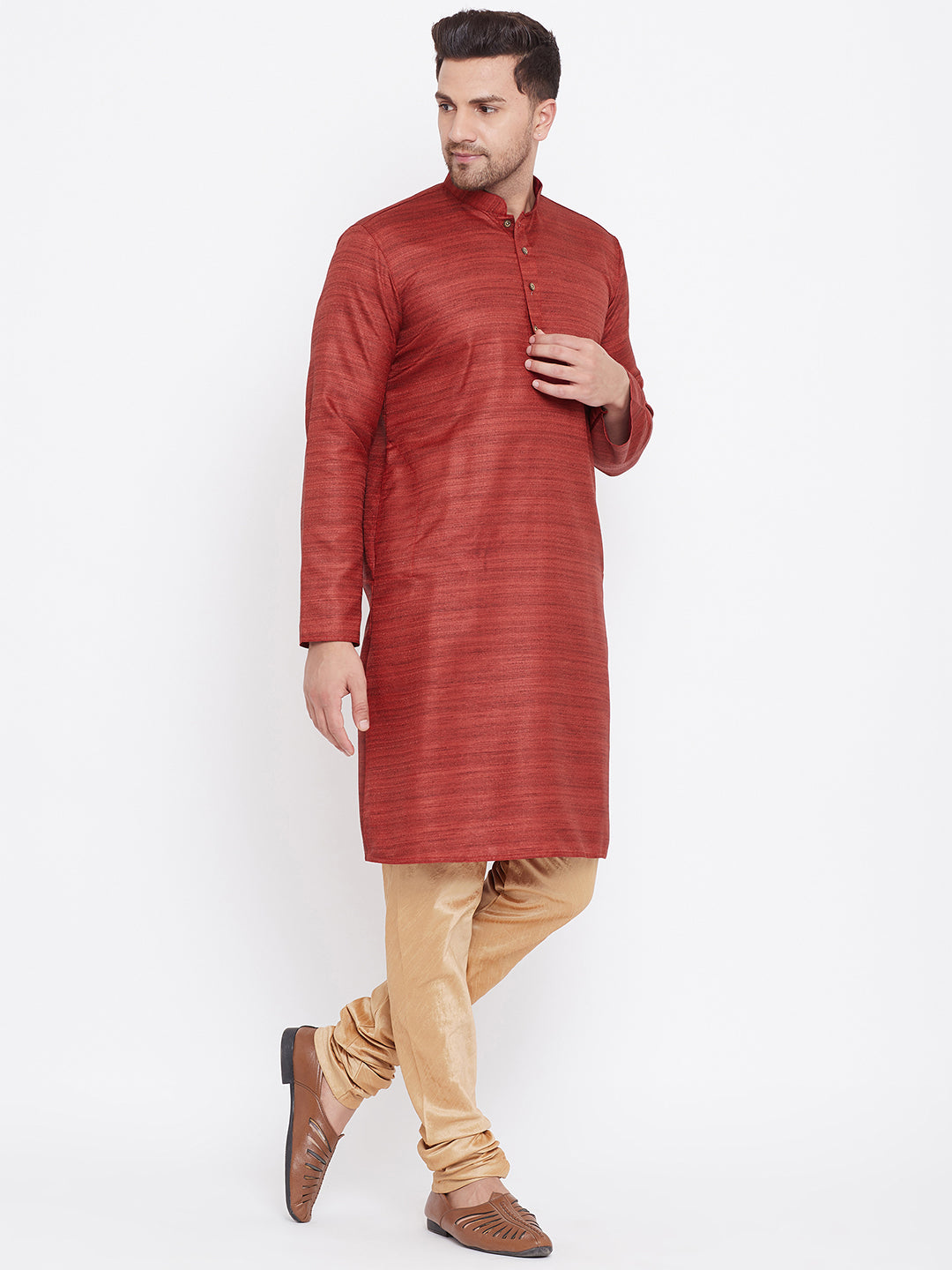 Men's Maroon And Rose Gold Silk Blend Kurta Pyjama Set