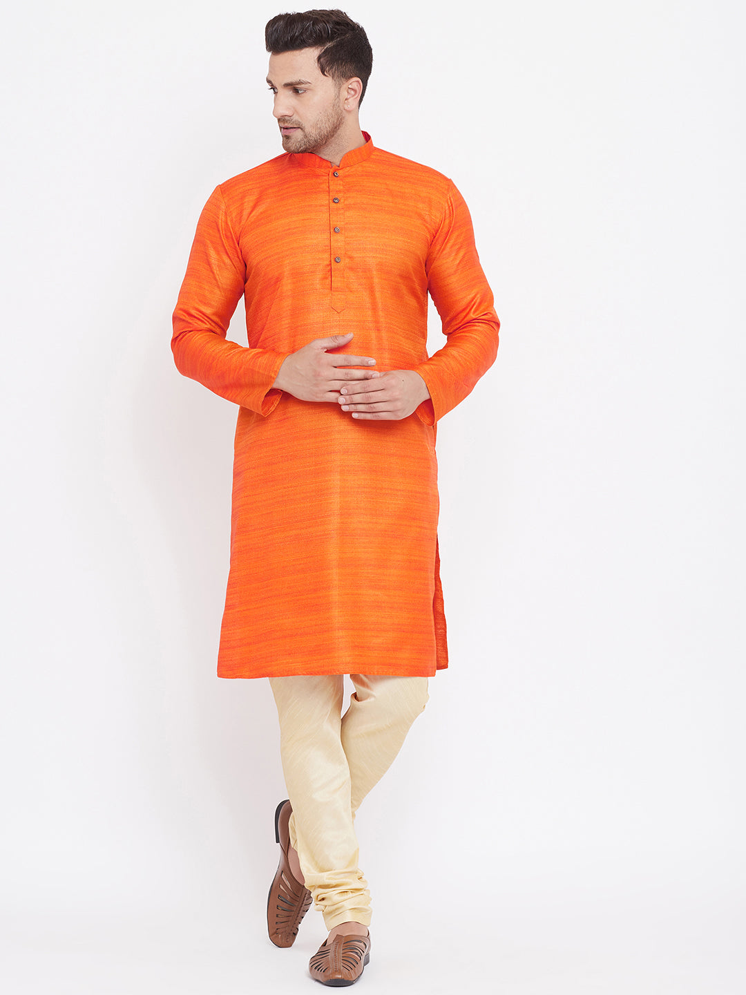 Men's Orange And Gold Silk Blend Kurta Pyjama Set