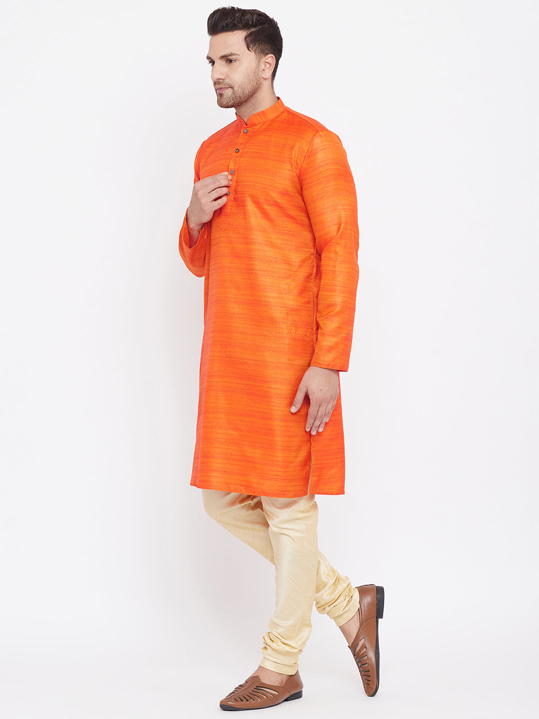 Men's Orange And Gold Silk Blend Kurta Pyjama Set