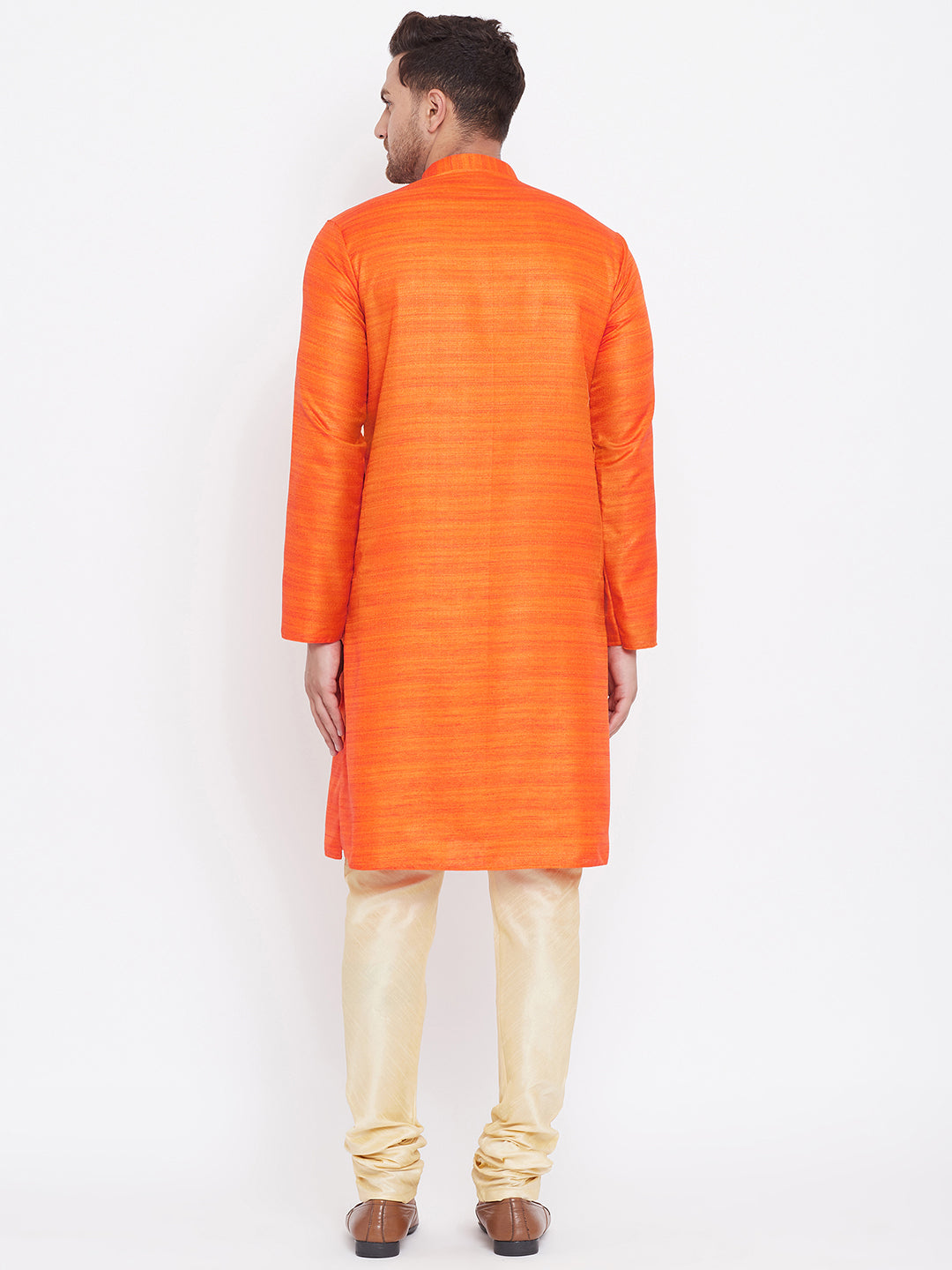 Men's Orange And Gold Silk Blend Kurta Pyjama Set