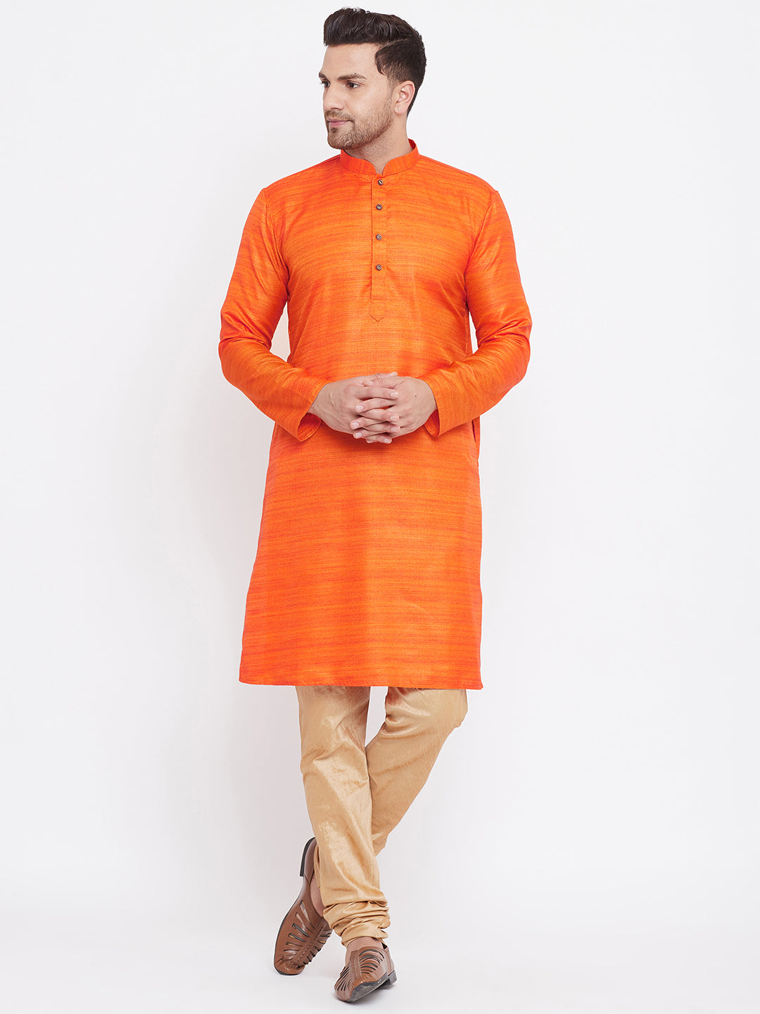 Men's Orange And Rose Gold Silk Blend Kurta Pyjama Set