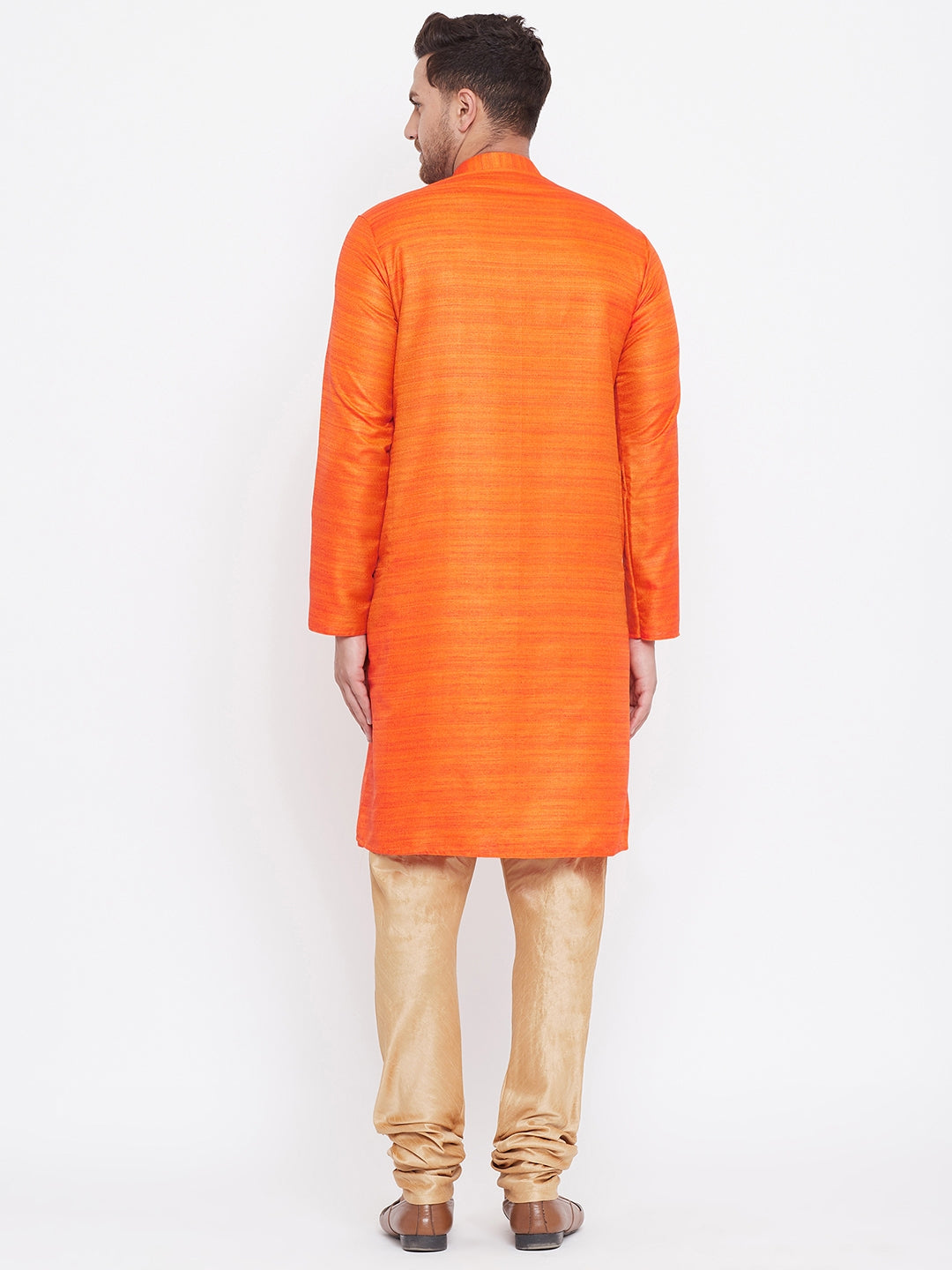 Men's Orange And Rose Gold Silk Blend Kurta Pyjama Set