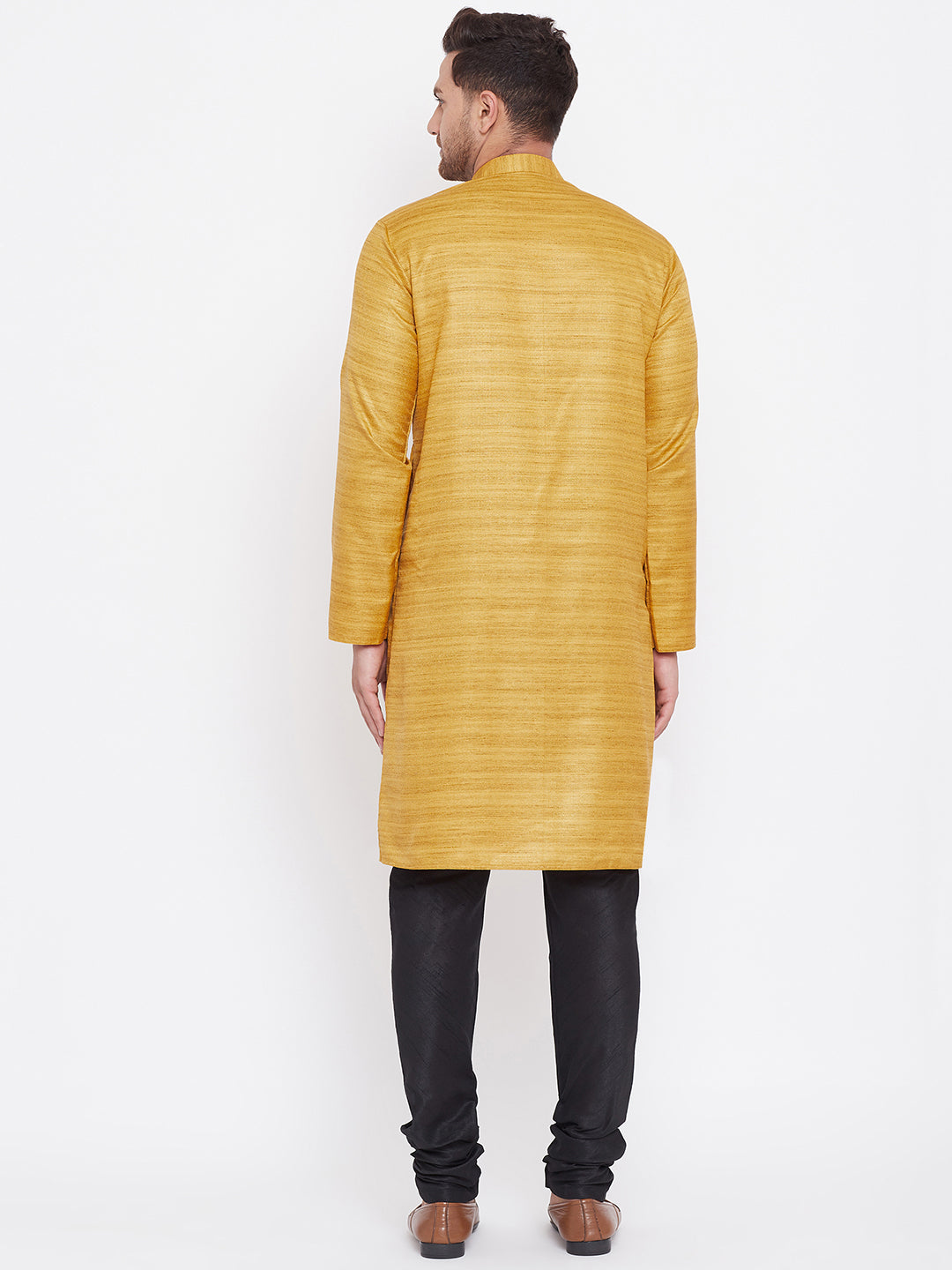 Men's Mustard And Black Silk Blend Kurta Pyjama Set