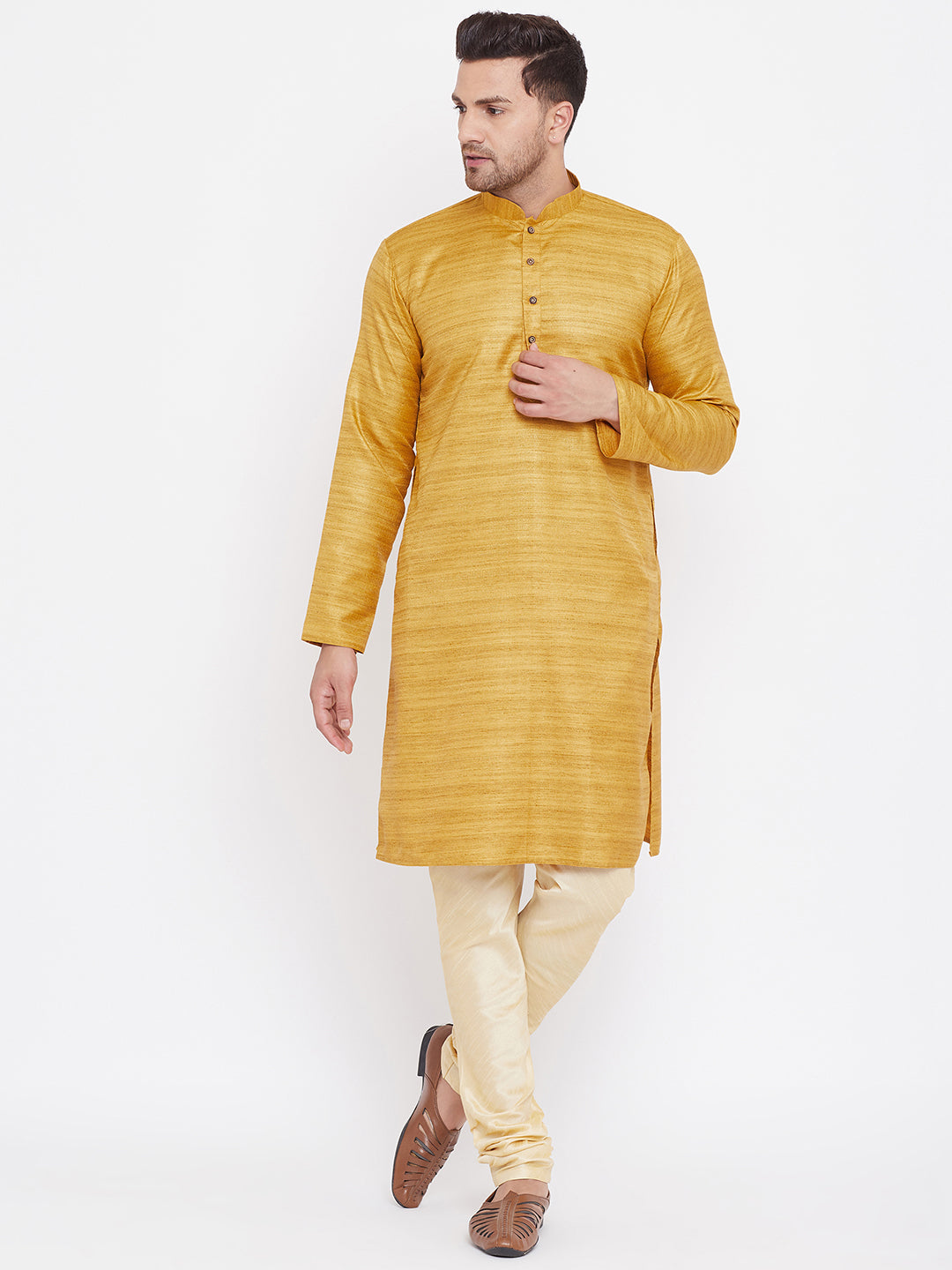 Men's Mustard And Gold Silk Blend Kurta Pyjama Set