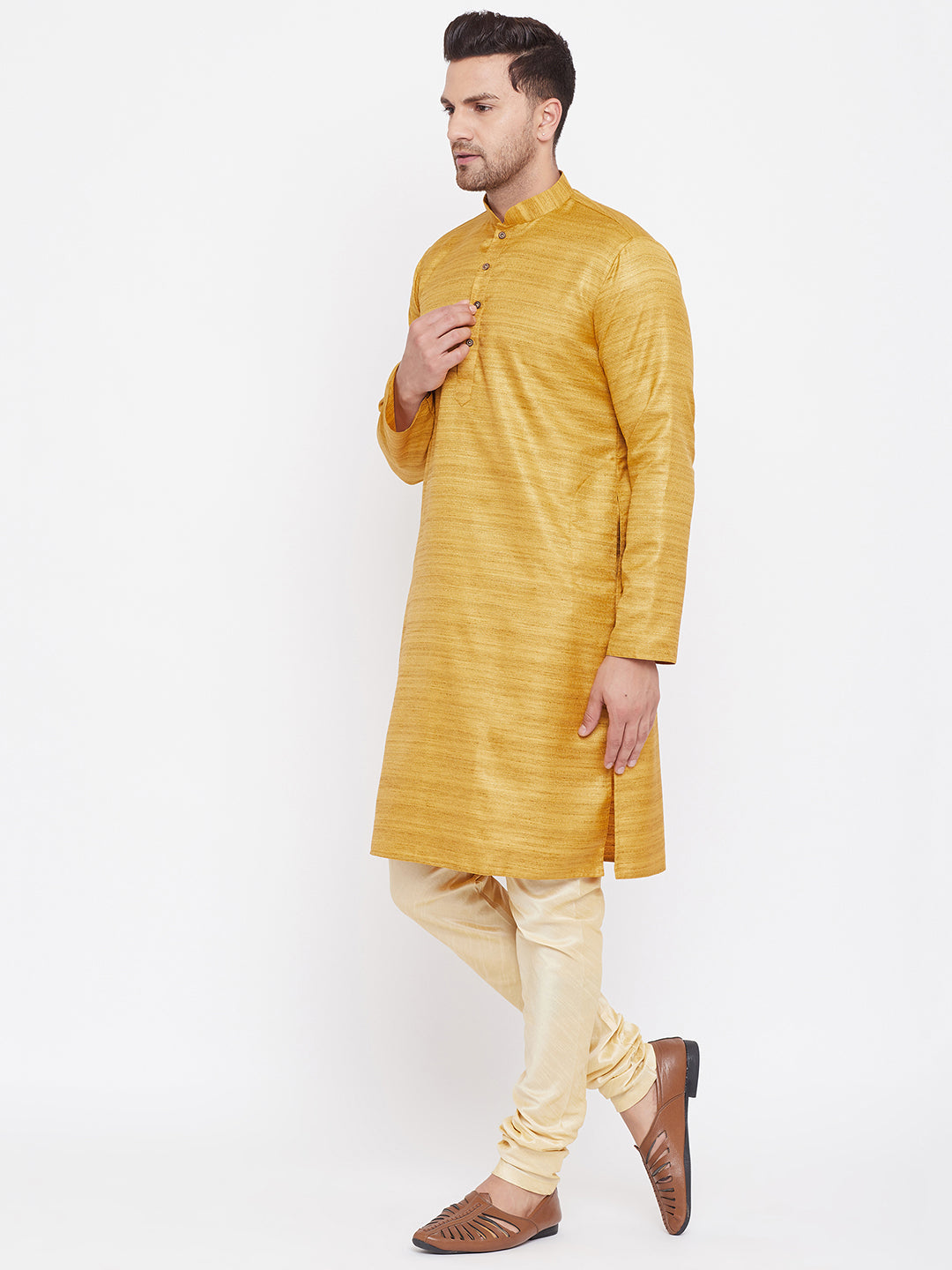 Men's Mustard And Gold Silk Blend Kurta Pyjama Set