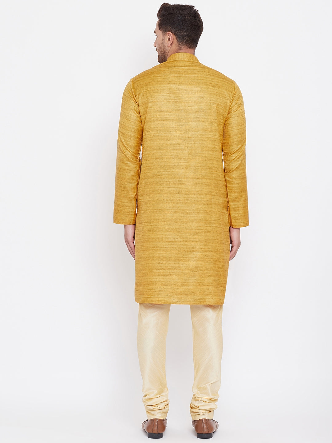 Men's Mustard And Gold Silk Blend Kurta Pyjama Set