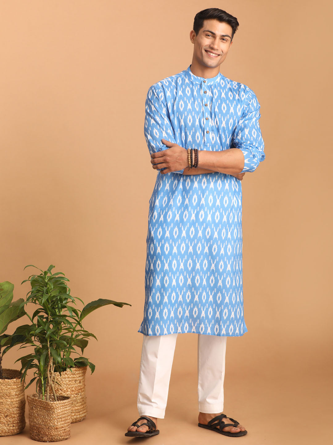 Men's Aqua Cotton Blend Kurta Pyjama Set