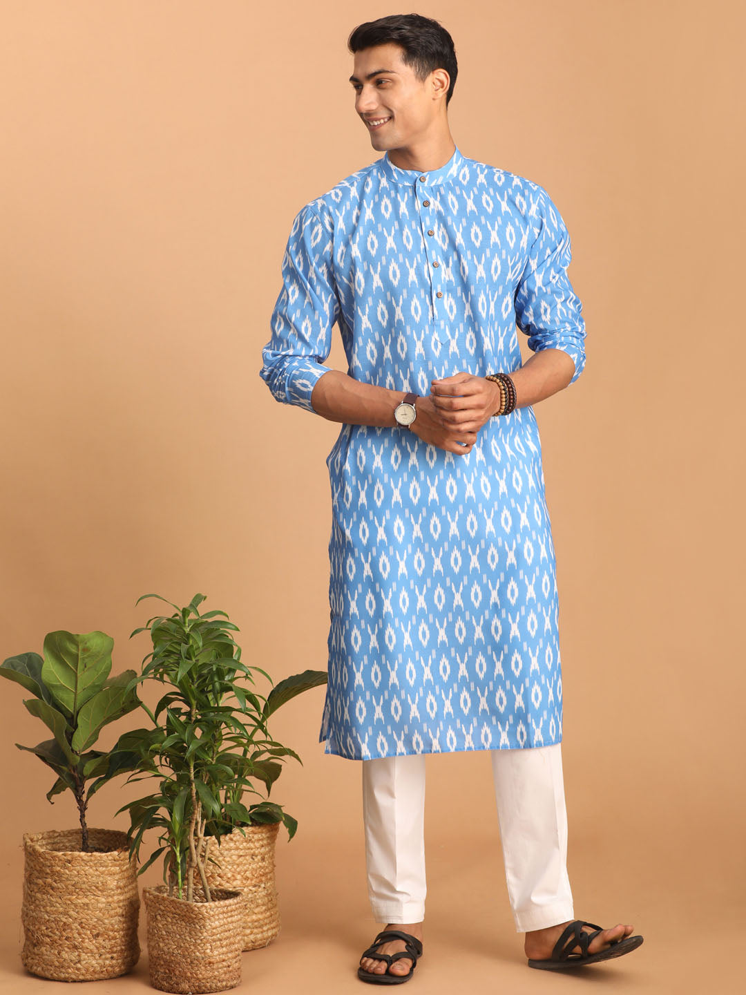 Men's Aqua Cotton Blend Kurta Pyjama Set