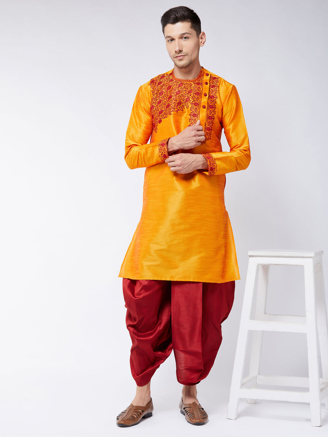 Men's Orange Silk Blend Kurta