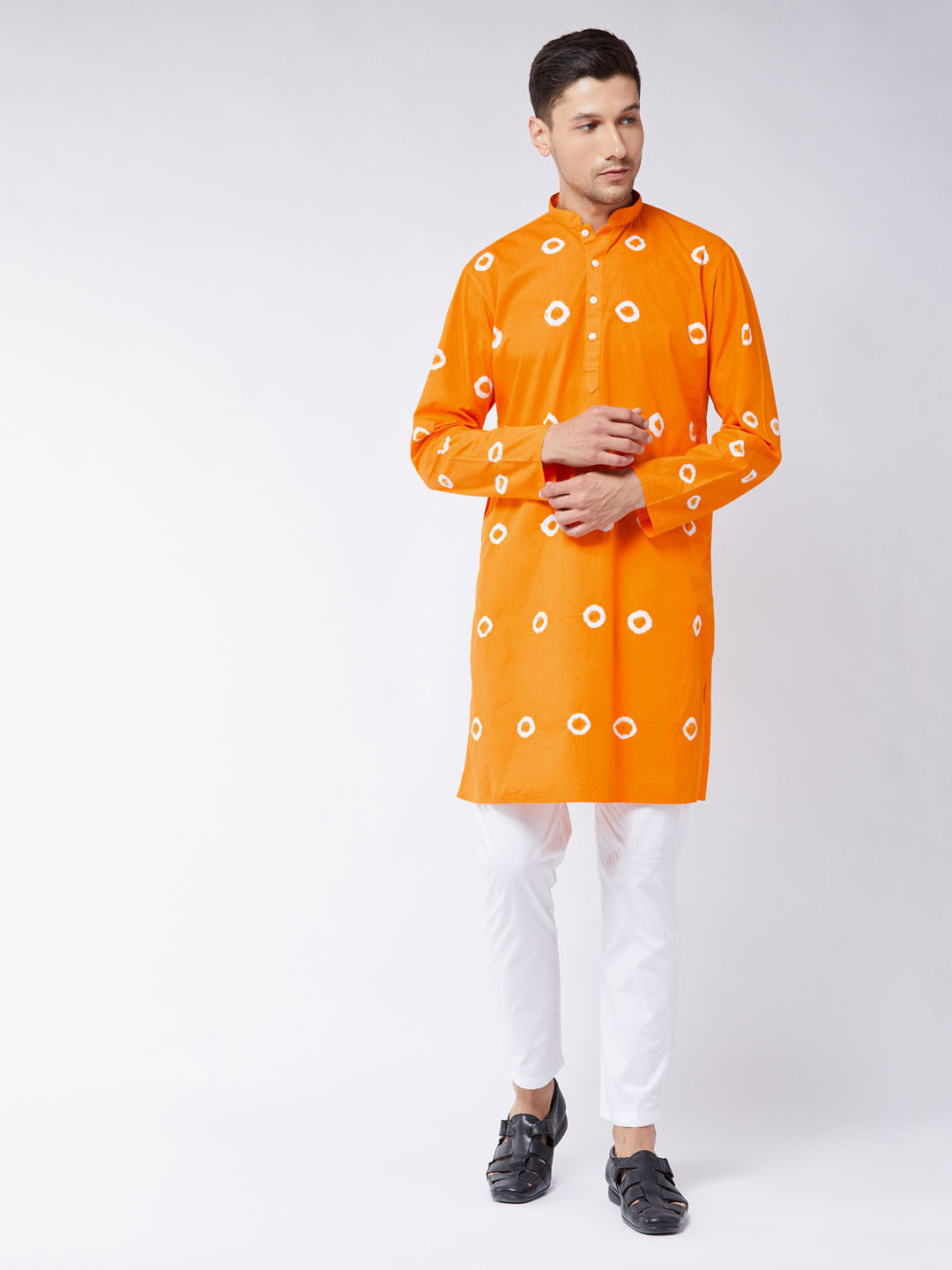 Men's Orange And White Pure Cotton Kurta Pyjama Set