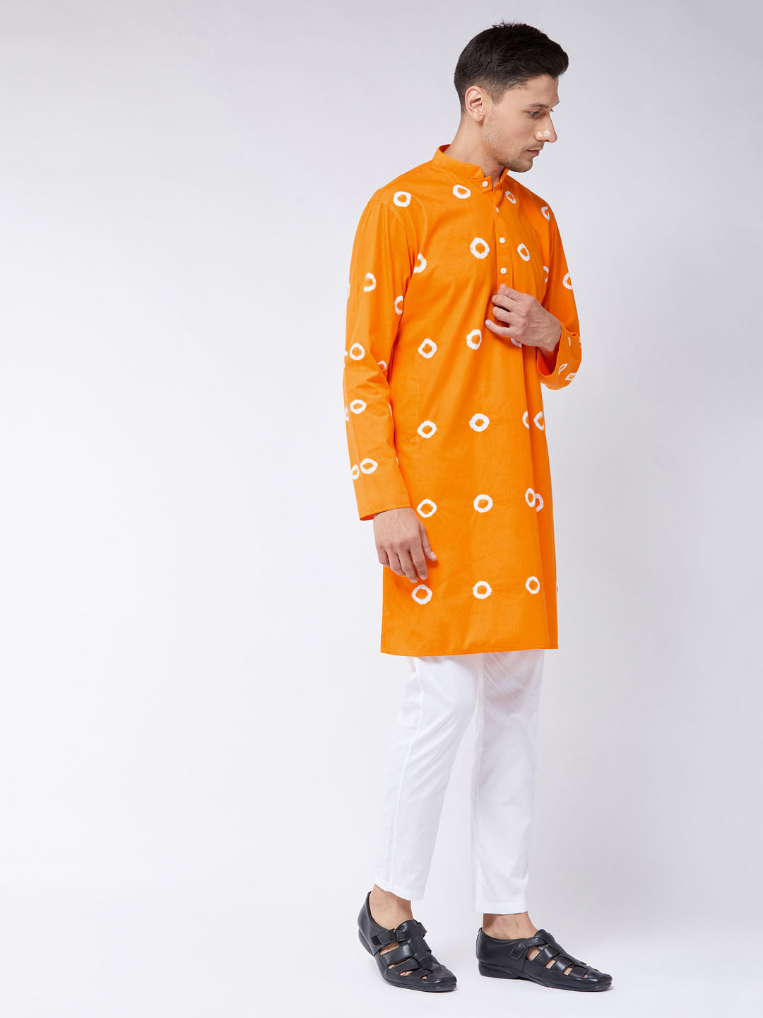 Men's Orange And White Pure Cotton Kurta Pyjama Set