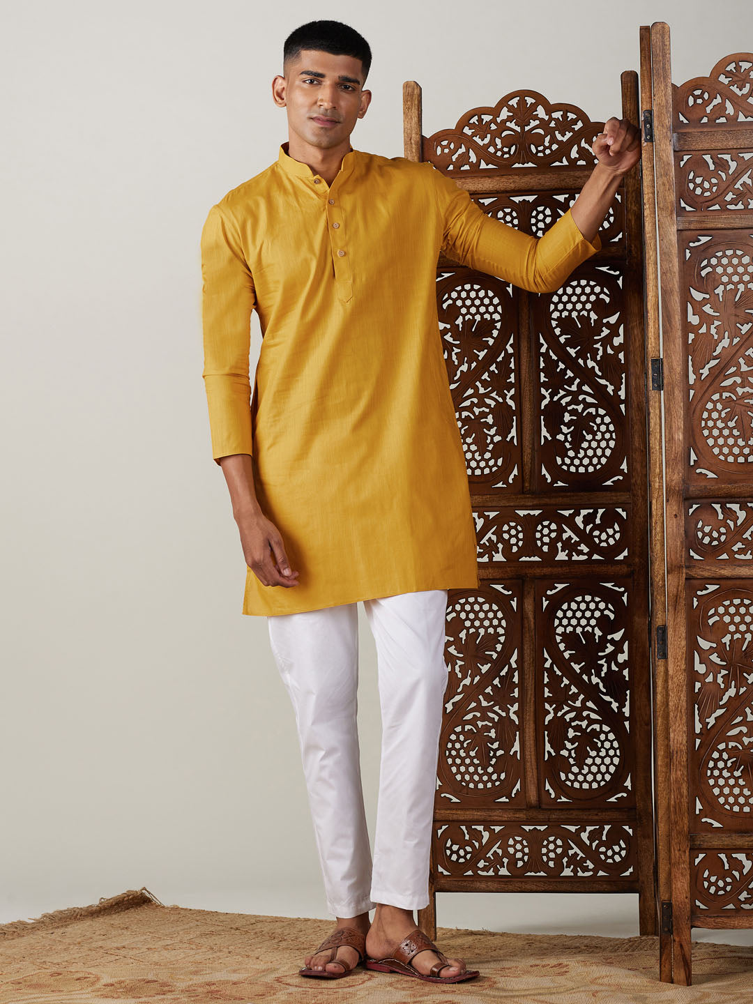 Men's Mustard And White Cotton Blend Kurta Pyjama Set