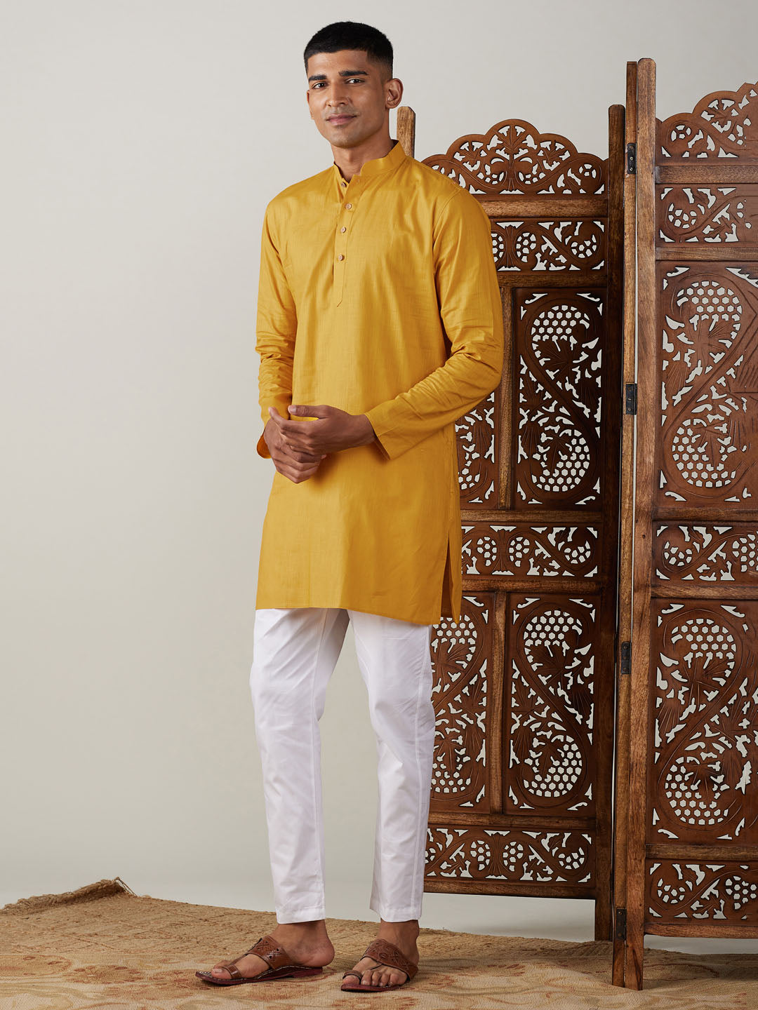 Men's Mustard And White Cotton Blend Kurta Pyjama Set