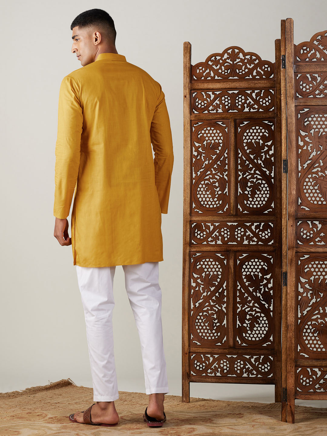 Men's Mustard And White Cotton Blend Kurta Pyjama Set