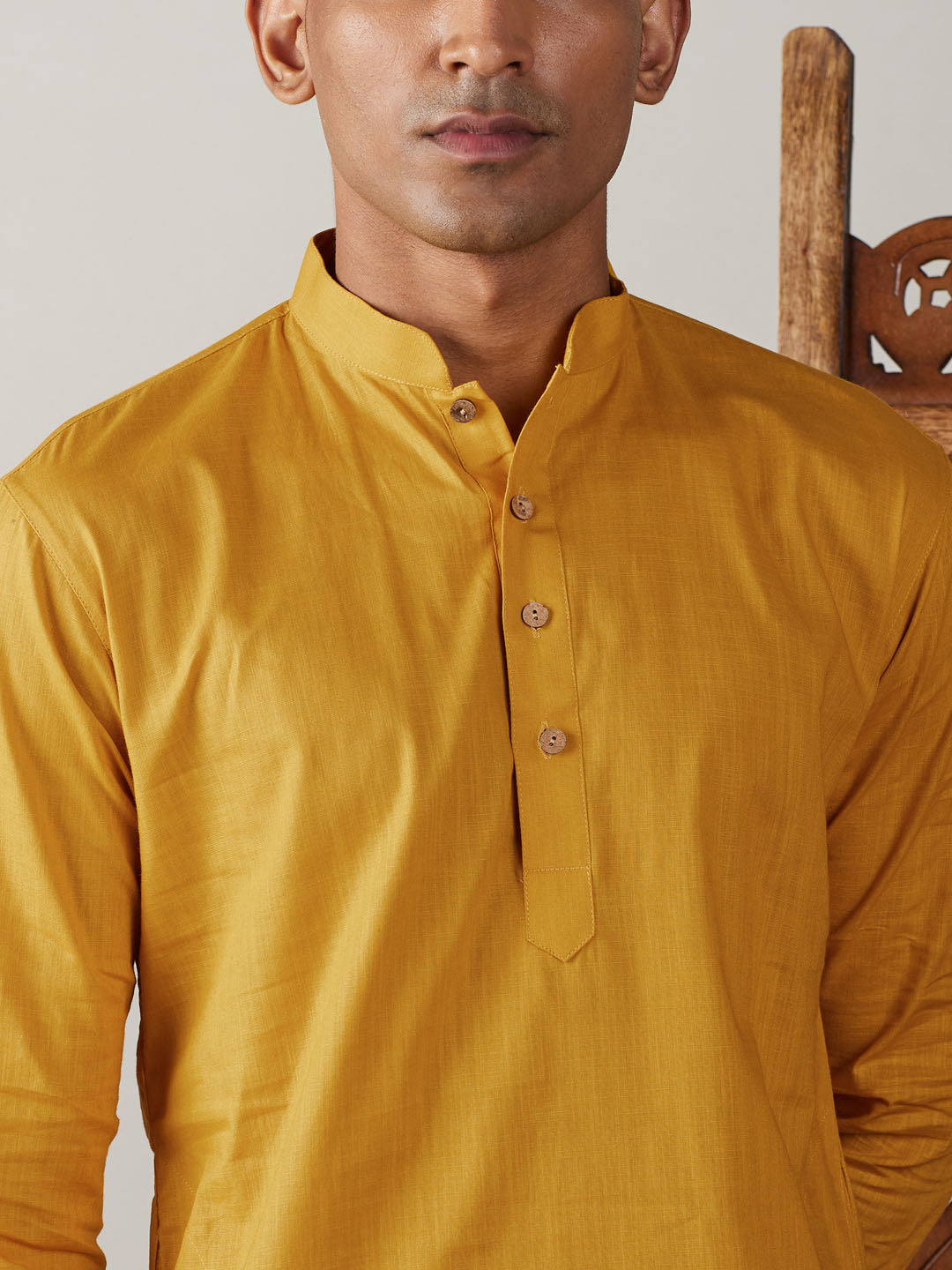 Men's Mustard And White Cotton Blend Kurta Pyjama Set