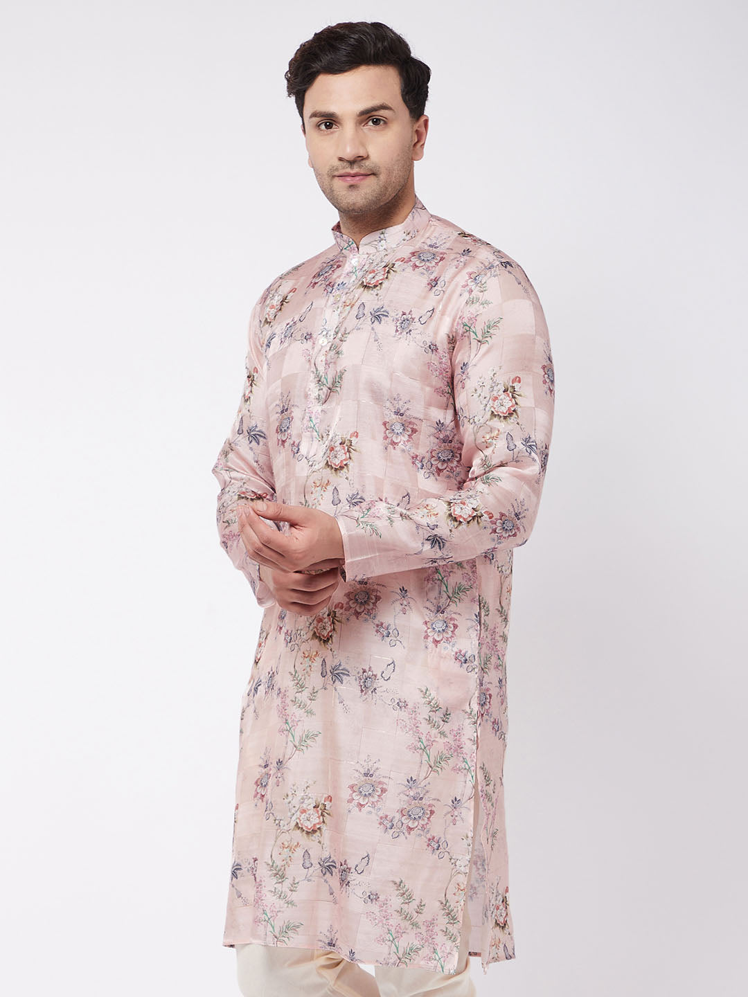 Men's Multicolor-Base-Peach Cotton Blend Kurta