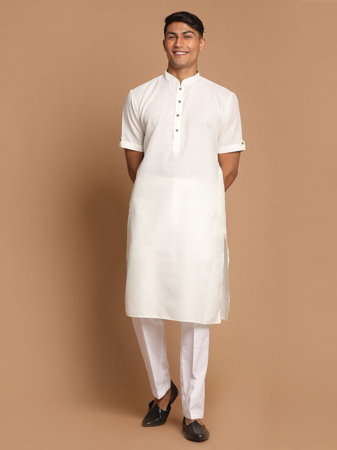 Men's Cream And White Cotton Blend Kurta Pyjama Set