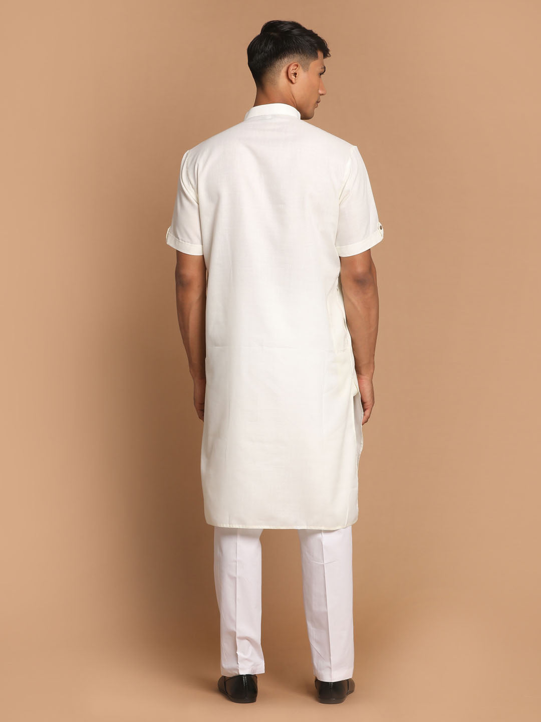 Men's Cream And White Cotton Blend Kurta Pyjama Set