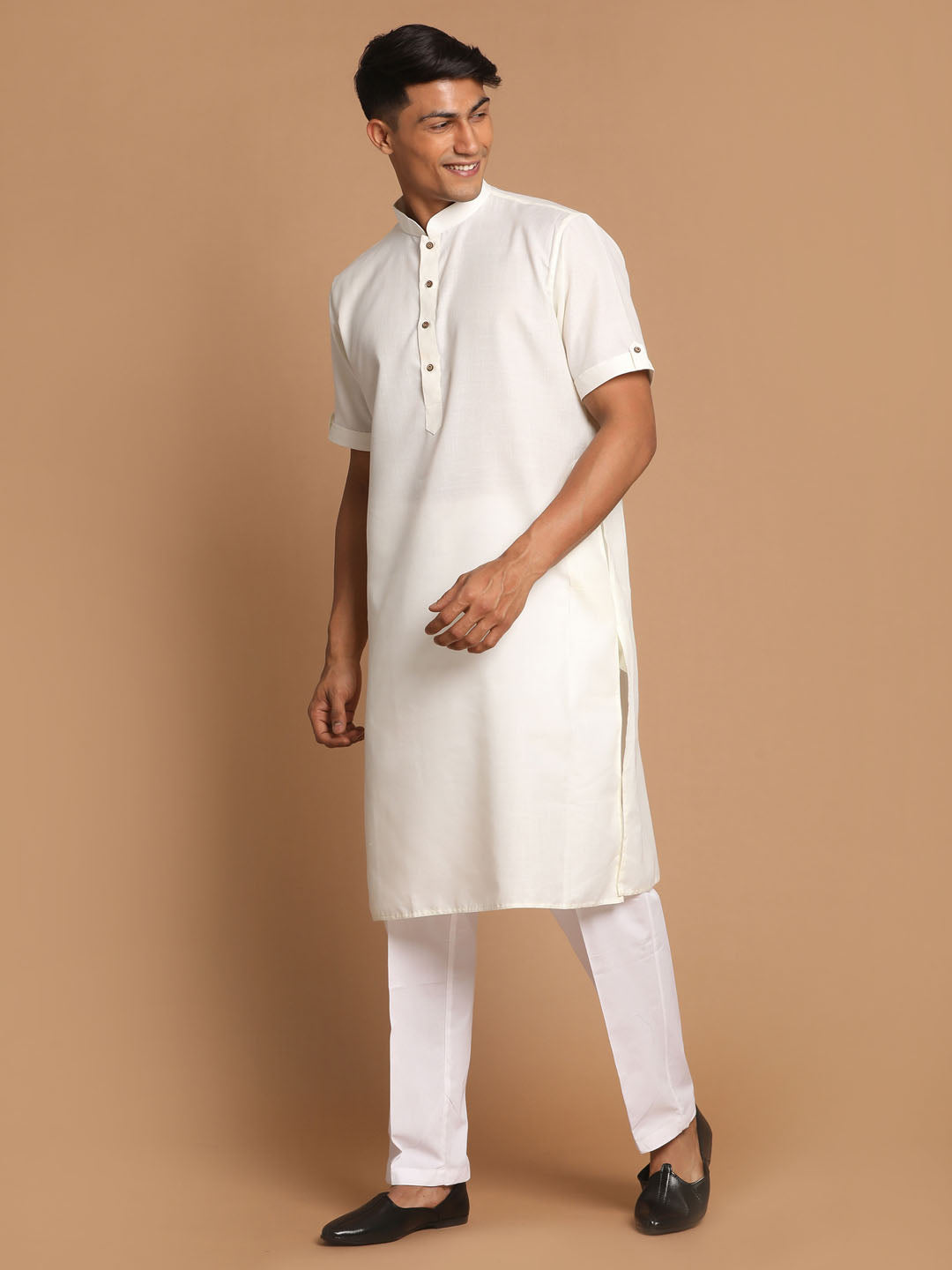 Men's Cream And White Cotton Blend Kurta Pyjama Set