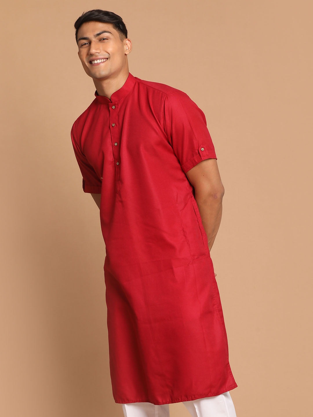 Men's Maroon Cotton Blend Kurta