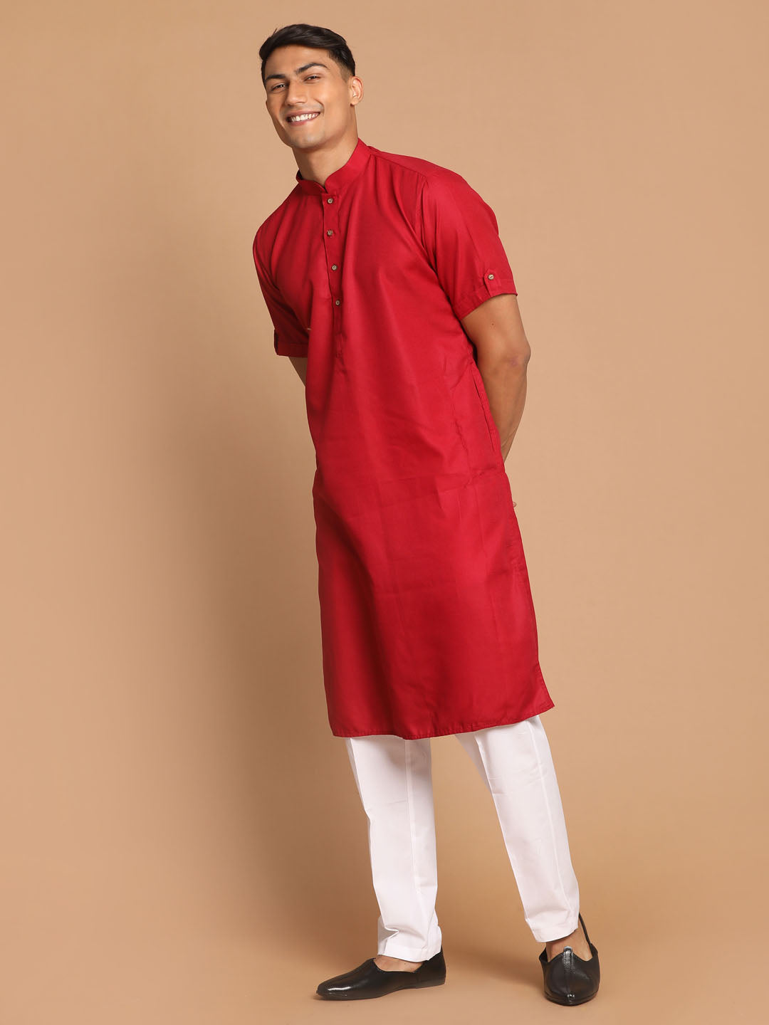 Men's Maroon And White Cotton Blend Kurta Pyjama Set