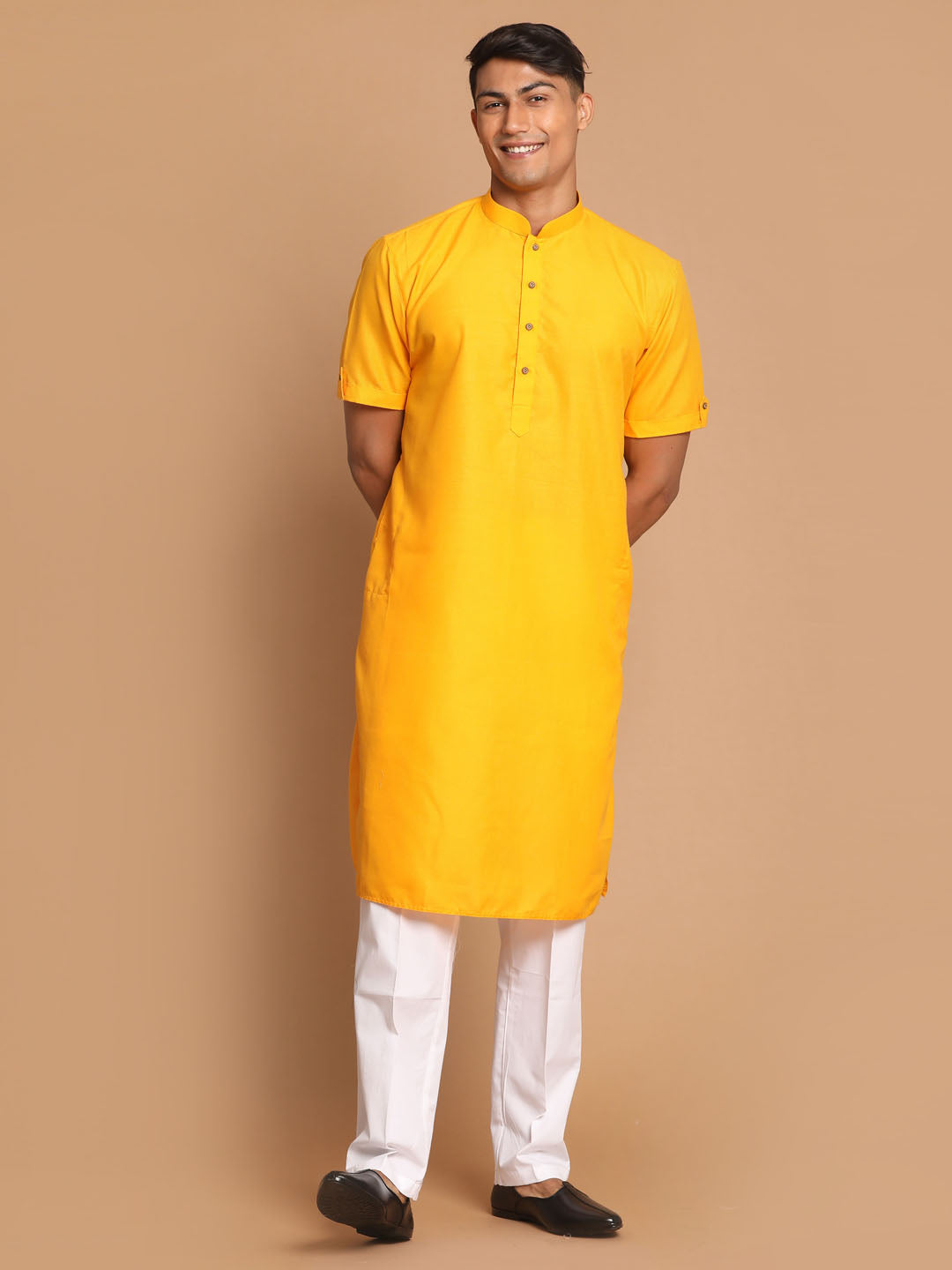 Men's Mustard And White Cotton Blend Kurta Pyjama Set