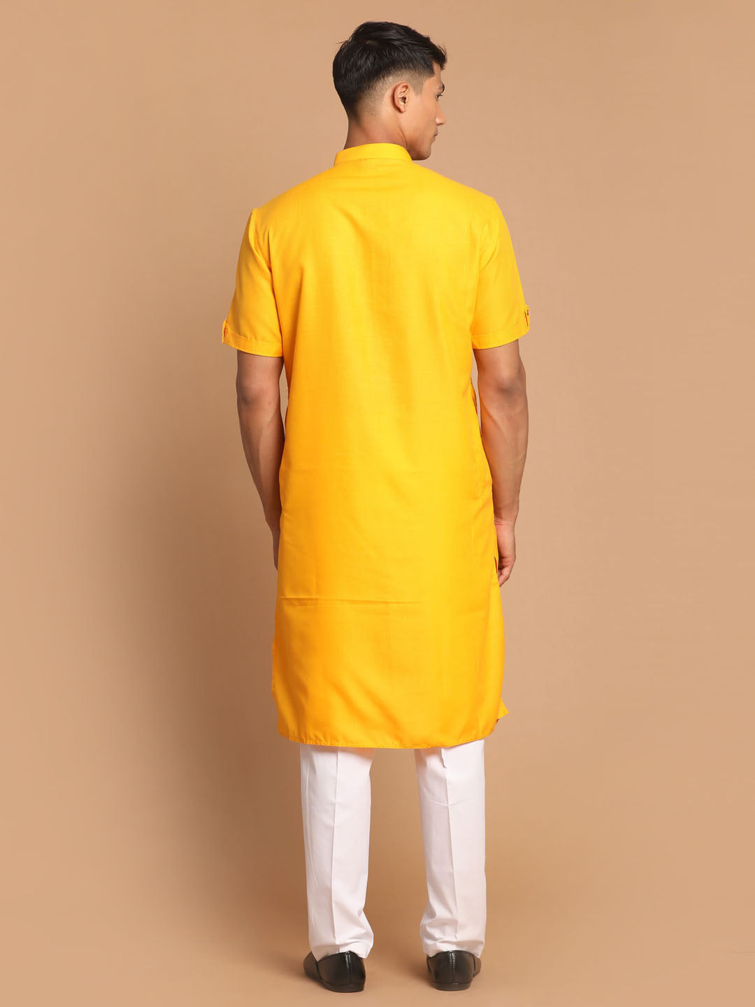 Men's Mustard And White Cotton Blend Kurta Pyjama Set