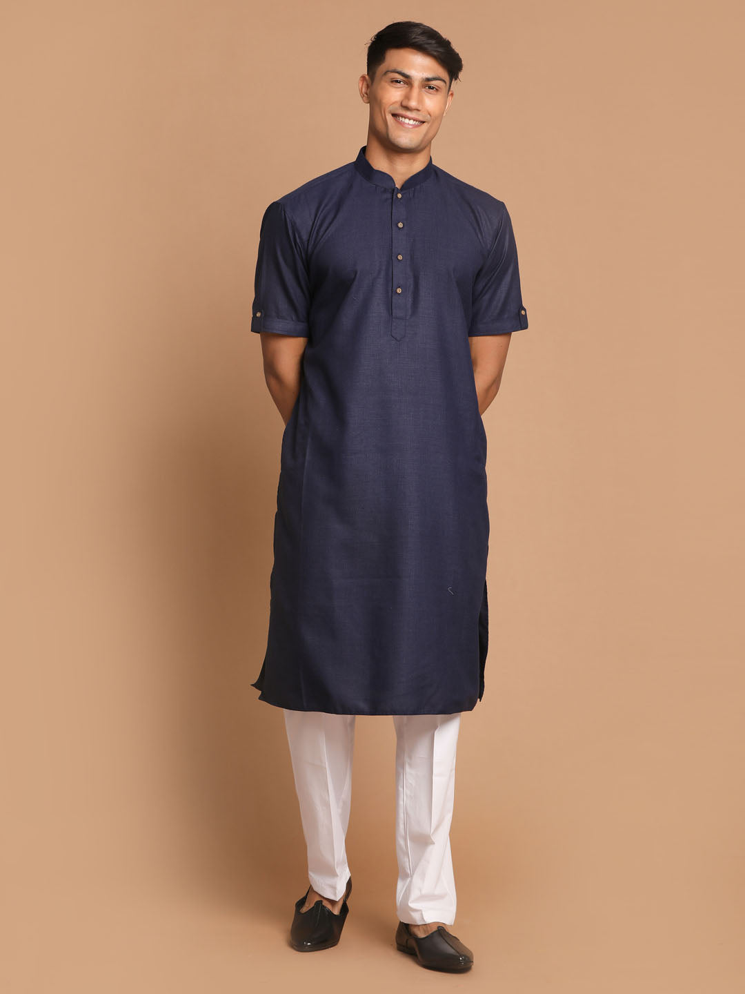 Men's Navy Blue And White Cotton Blend Kurta Pyjama Set